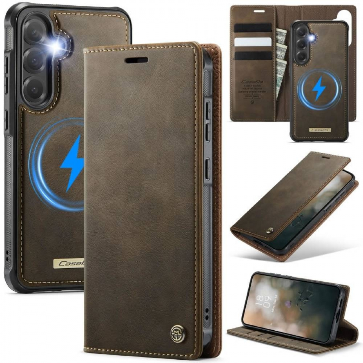 Braune Leder-Handyhülle mit Blitzsymbol und verschiedenen Ansichten, darunter eine mit Telefon.