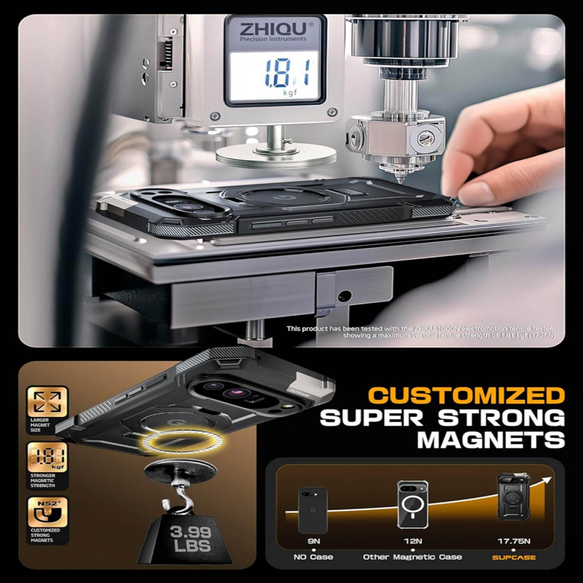 Una custodia per telefono viene testata per la forza magnetica. Un display mostra 1,81 kgf. I grafici illustrano la forza del magnete e la compatibilità del telefono.