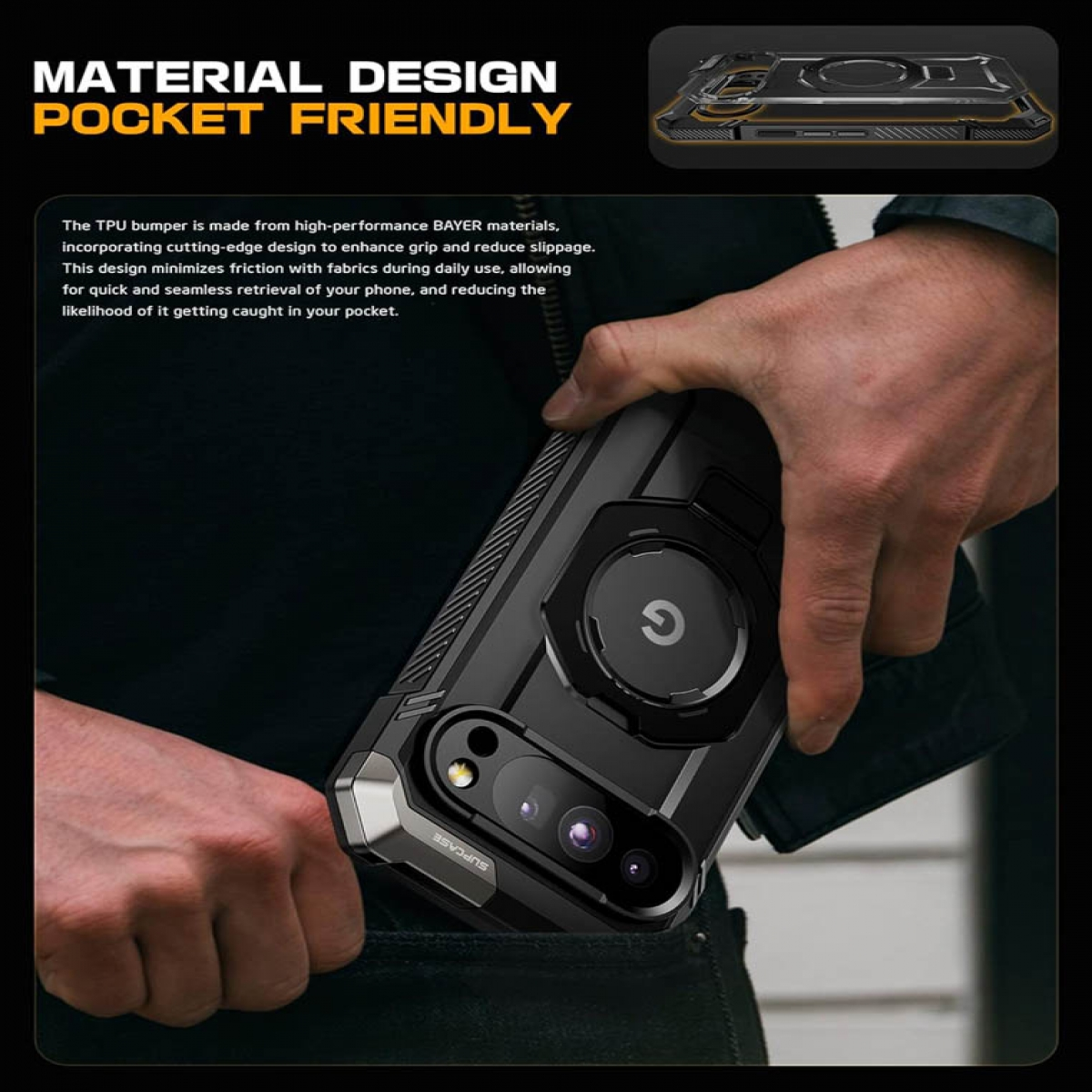 Una mano estrae un telefono nero con una custodia protettiva dalla tasca. La custodia ha un anello circolare e un modulo fotocamera.