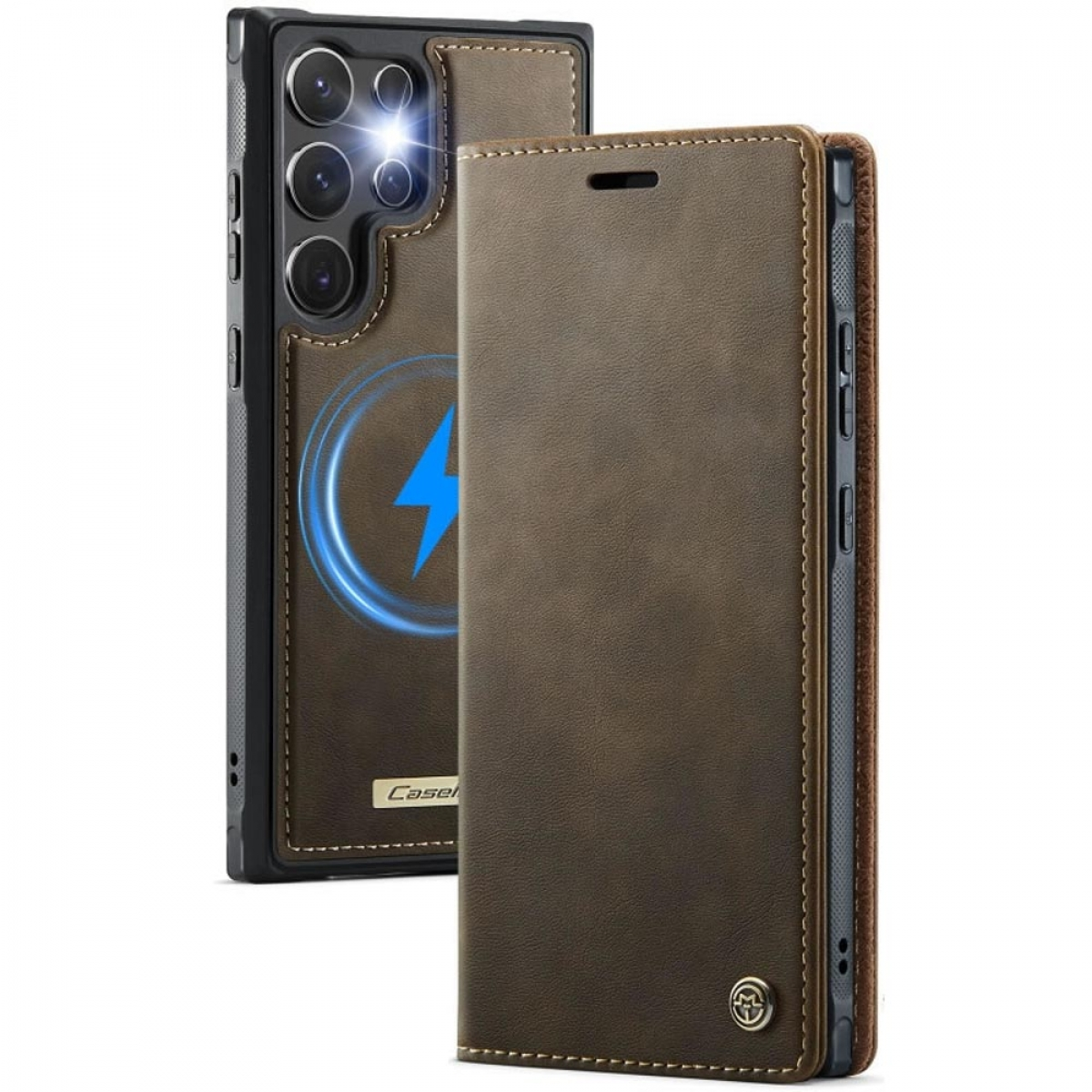 Eine braune Leder-Handyhülle, geöffnet, um das Telefon freizulegen. Die Rückseite hat ein Ladesymbol. Die Hülle ist für ein Samsung-Handy.