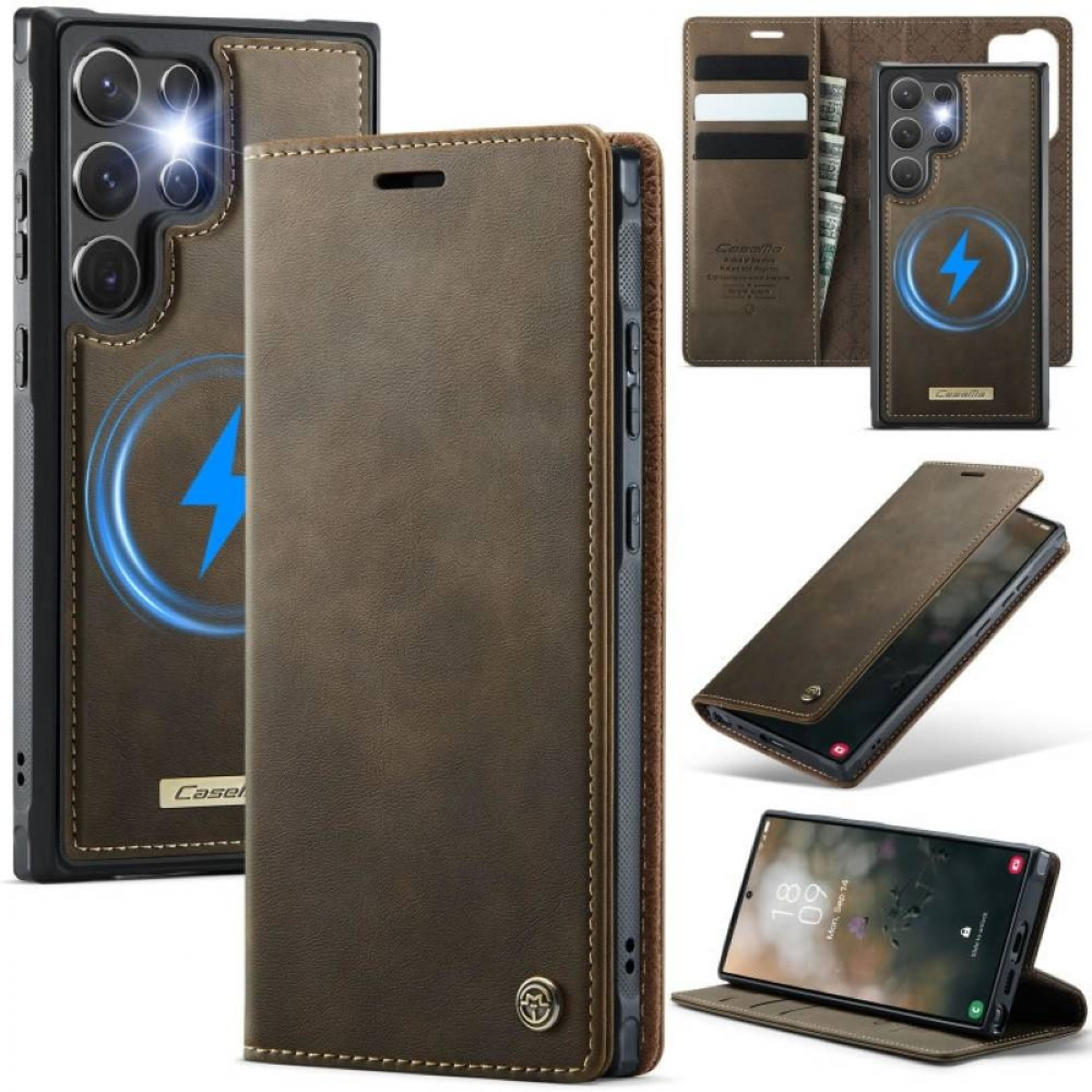 Braune Leder-Handyhüllen in verschiedenen Ansichten. Eine zeigt ein Telefon mit Ladesymbol.