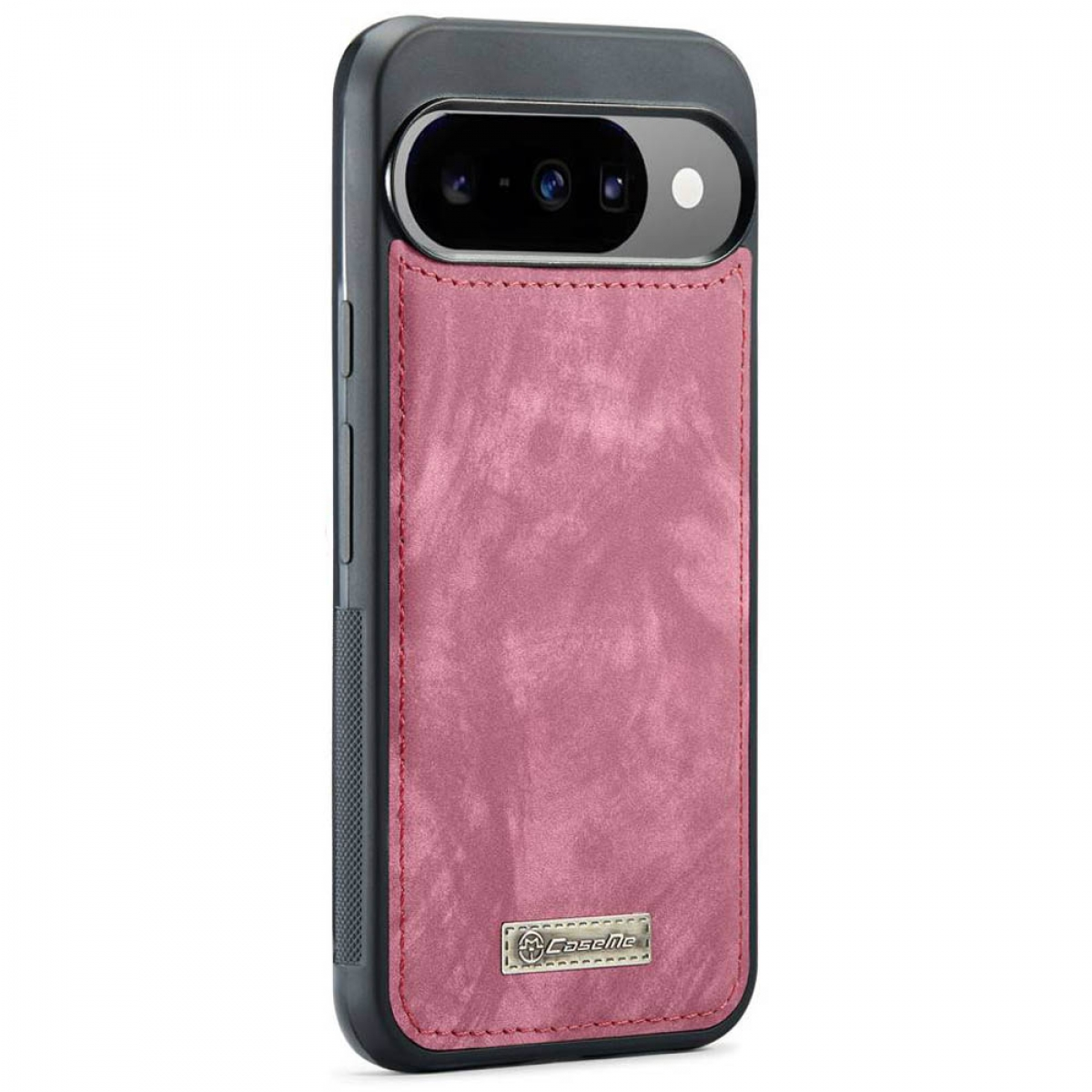 Eine Handyhülle mit rosa Leder auf der Rückseite und schwarzen Rändern. Sie hat einen Kameraausschnitt und das Caseme-Logo.