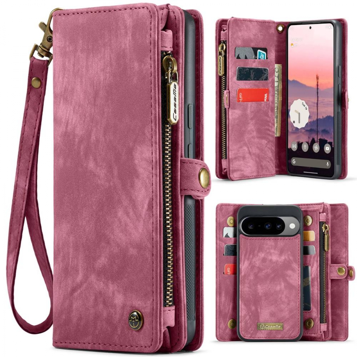 Eine rosa Leder-Geldbörse-Handyhülle-Kombination mit goldenem Reißverschluss und Riemen, die ein Smartphone mit Karten hält.