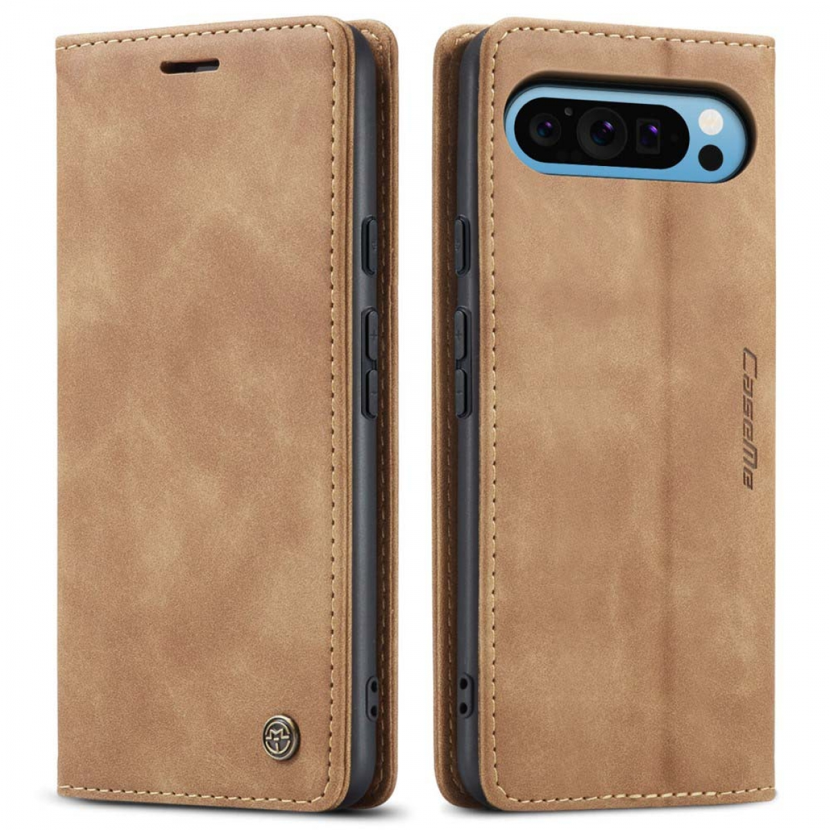 Eine braune Leder-Handyhülle, offen und geschlossen. Die offene Hülle zeigt das Telefon mit sichtbarer Kamera, der Markenname 'Caseme'.