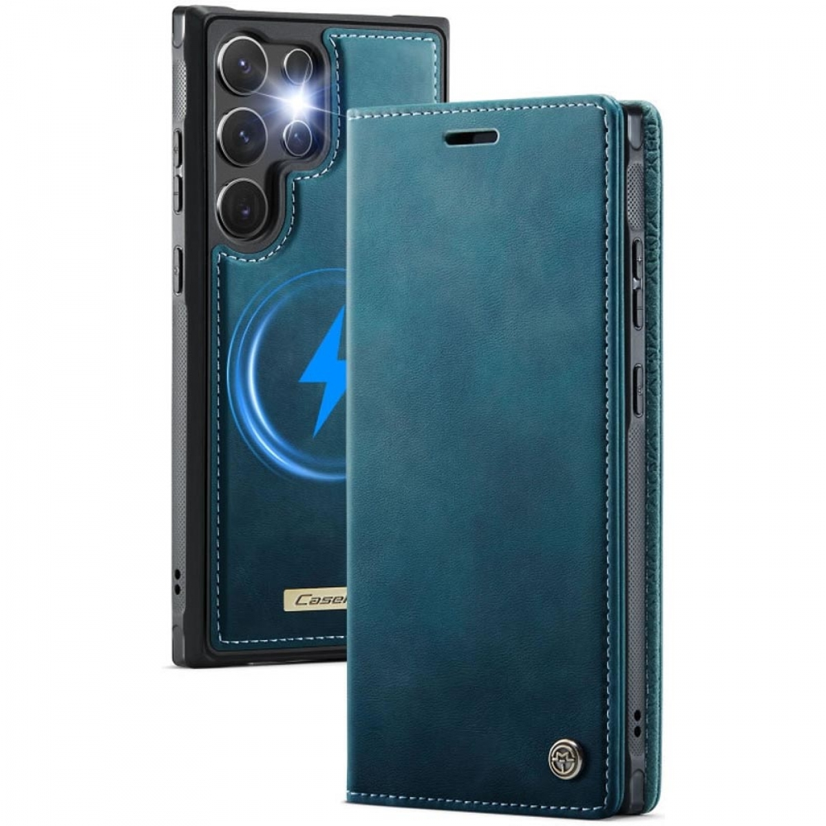 Zwei tealfarbene Handyhüllen. Eine zeigt ein Telefon, die andere ist eine Folio-Hülle. Die Handyhülle hat ein Ladesymbol.