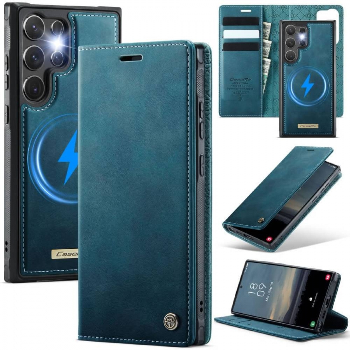 Blaue Leder-Handyhülle mit mehreren Ansichten. Enthält ein Telefon, einen Geldbereich und ein Ladesymbol.