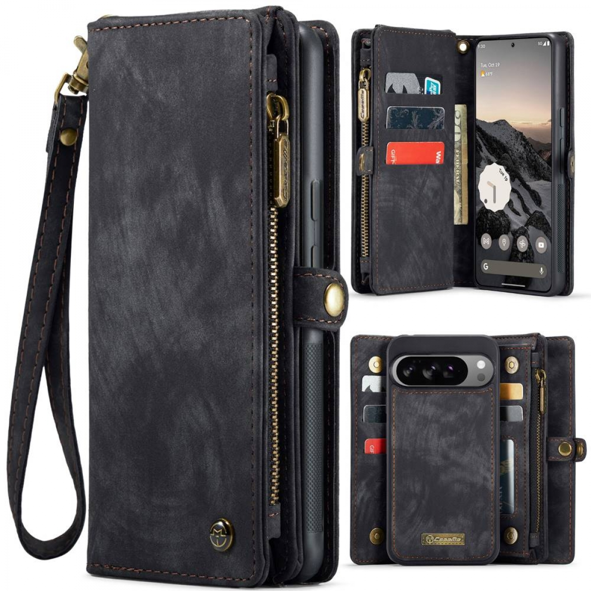 Schwarzes Leder-Telefon-Portemonnaie mit Reißverschluss und Handschlaufe. Enthält Telefon, Kartenfächer und ein Münzfach.