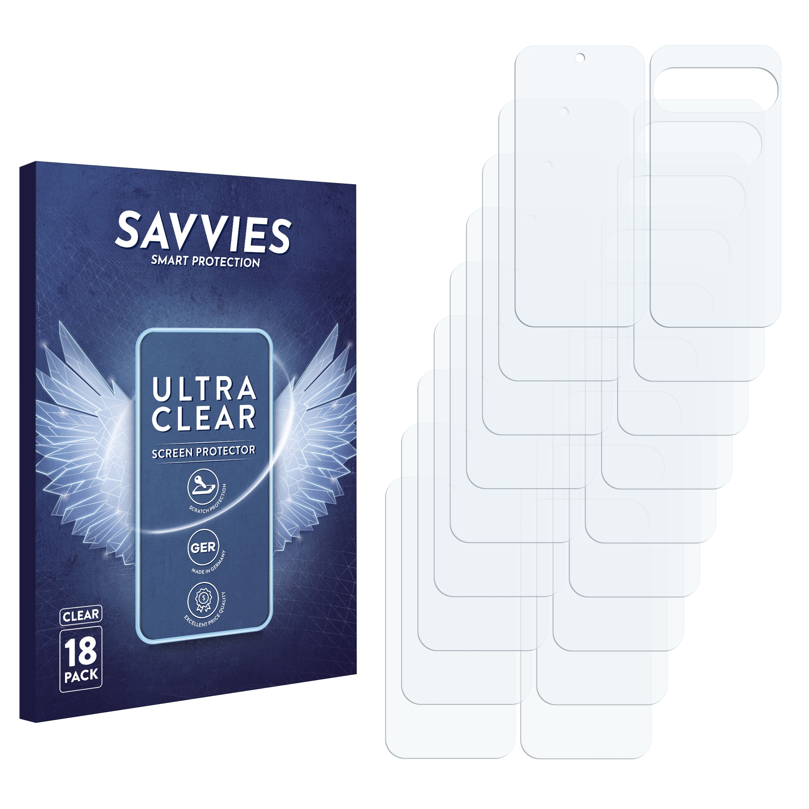 Eine Packung Savvies-Displayschutzfolien, mit einer Box links und Schutzfolien rechts.