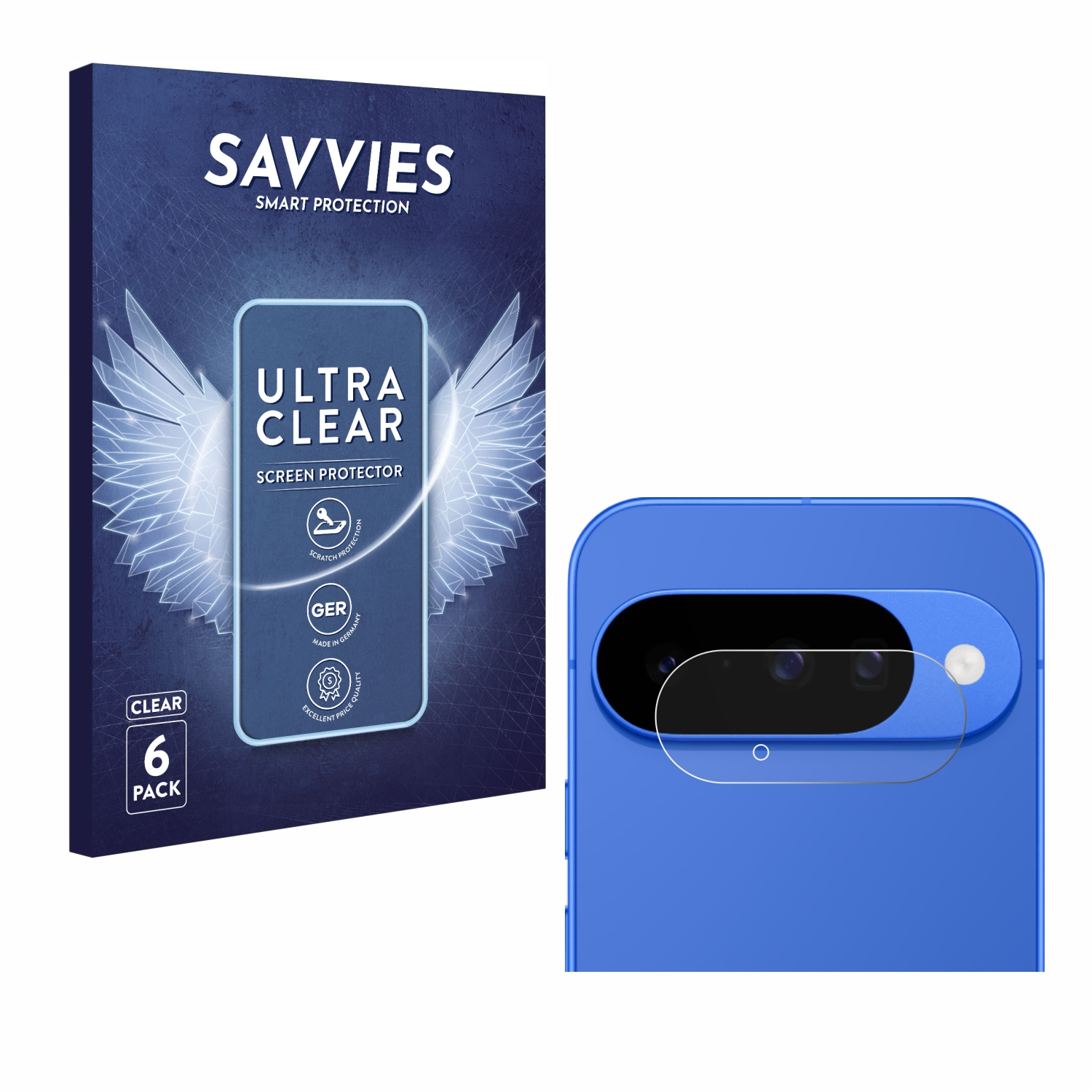 Eine Displayschutzfolienbox und ein blaues Telefon. Die Box hat Text: SAVVIES, ULTRA CLEAR und CLEAR 6 PACK. Das Telefon hat eine Kameralinse.