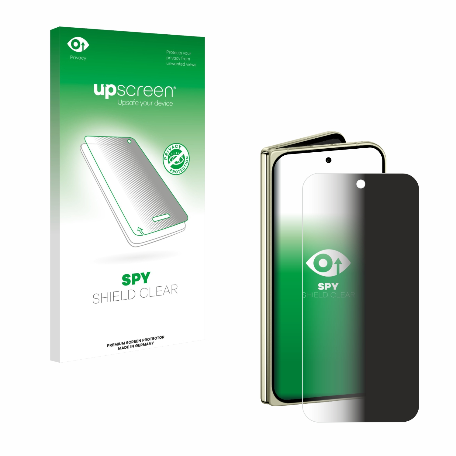 Ein Telefon mit Displayschutzfolie neben der Verpackung. Der Schutz und die Verpackung sind mit 'upscreen' und 'SPY SHIELD CLEAR' versehen.