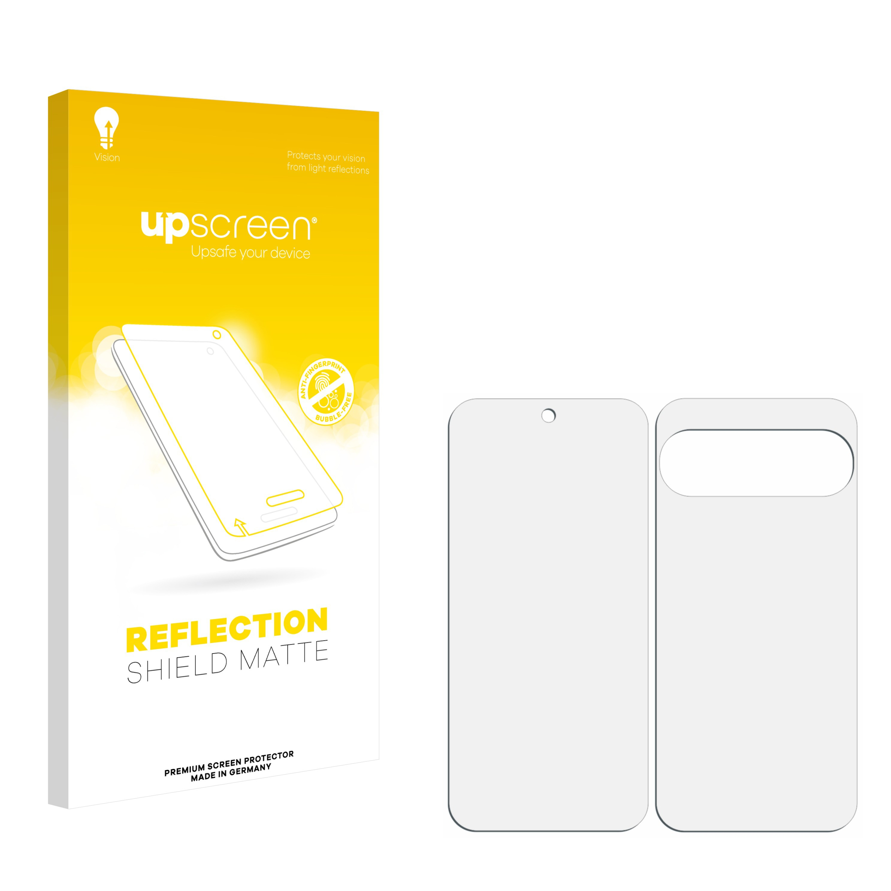 Eine weiße Schachtel mit einer Telefonillustration und zwei Displayschutzfolien. Text: 'Reflection Shield Matte'.