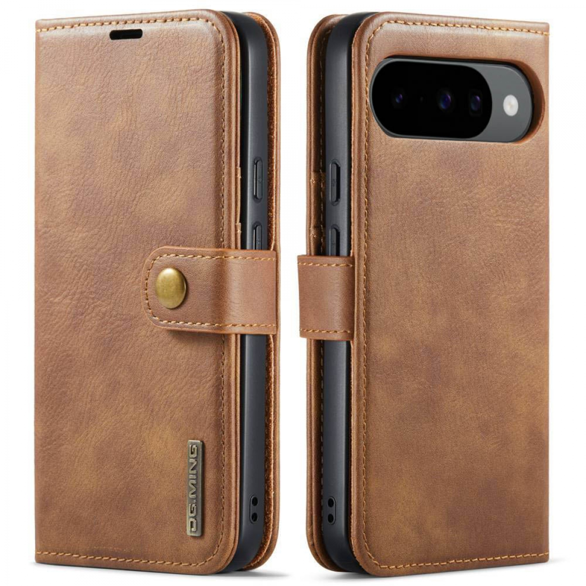 Braune Leder-Handyhülle mit Magnetverschluss. Geöffnete Hülle zeigt ein Telefon. Die Hülle hat Nähte und einen goldenen Knopf.