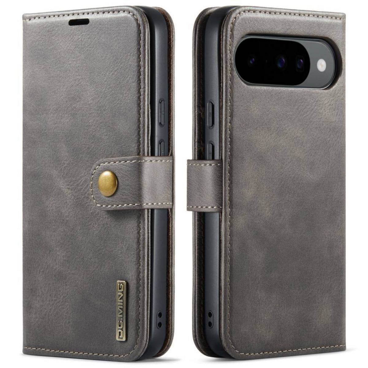 Graue Leder-Handyhülle, links geschlossen und rechts offen. Ein goldener Verschluss hält sie geschlossen. Das Telefon ist ein Pixel 7.
