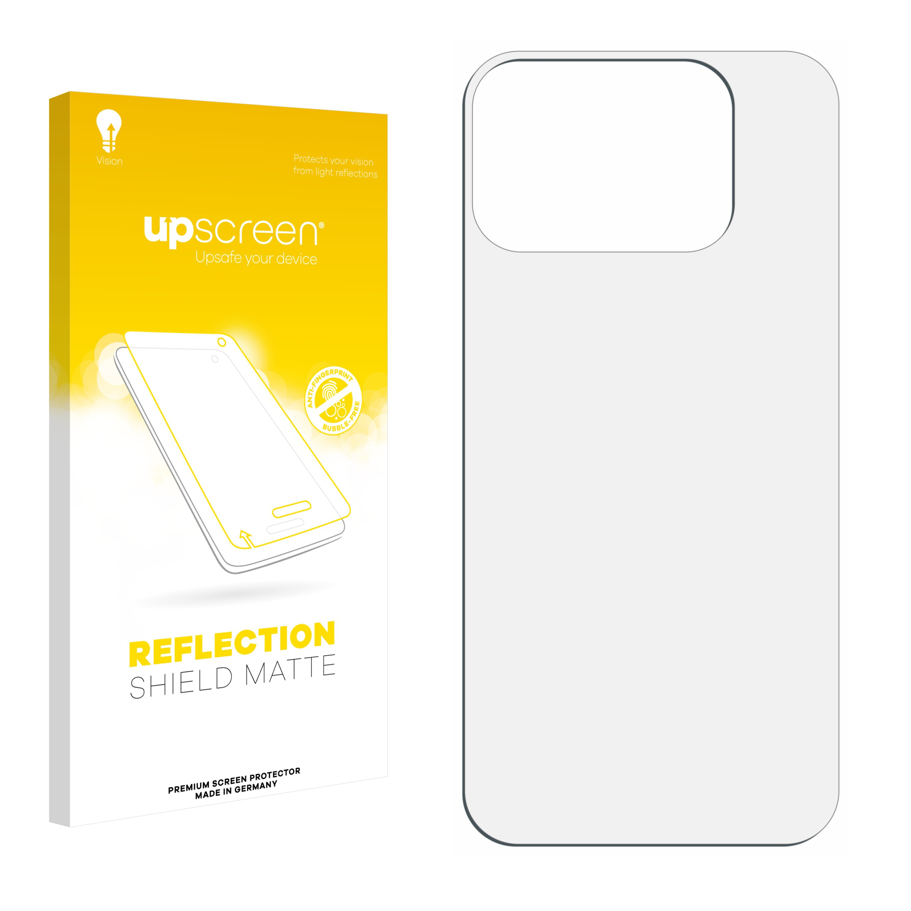 Eine Handyschutzbox. Auf der steht Reflection Shield Matte, Made in Germany. Rechts ist ein handyförmiger Schutz.
