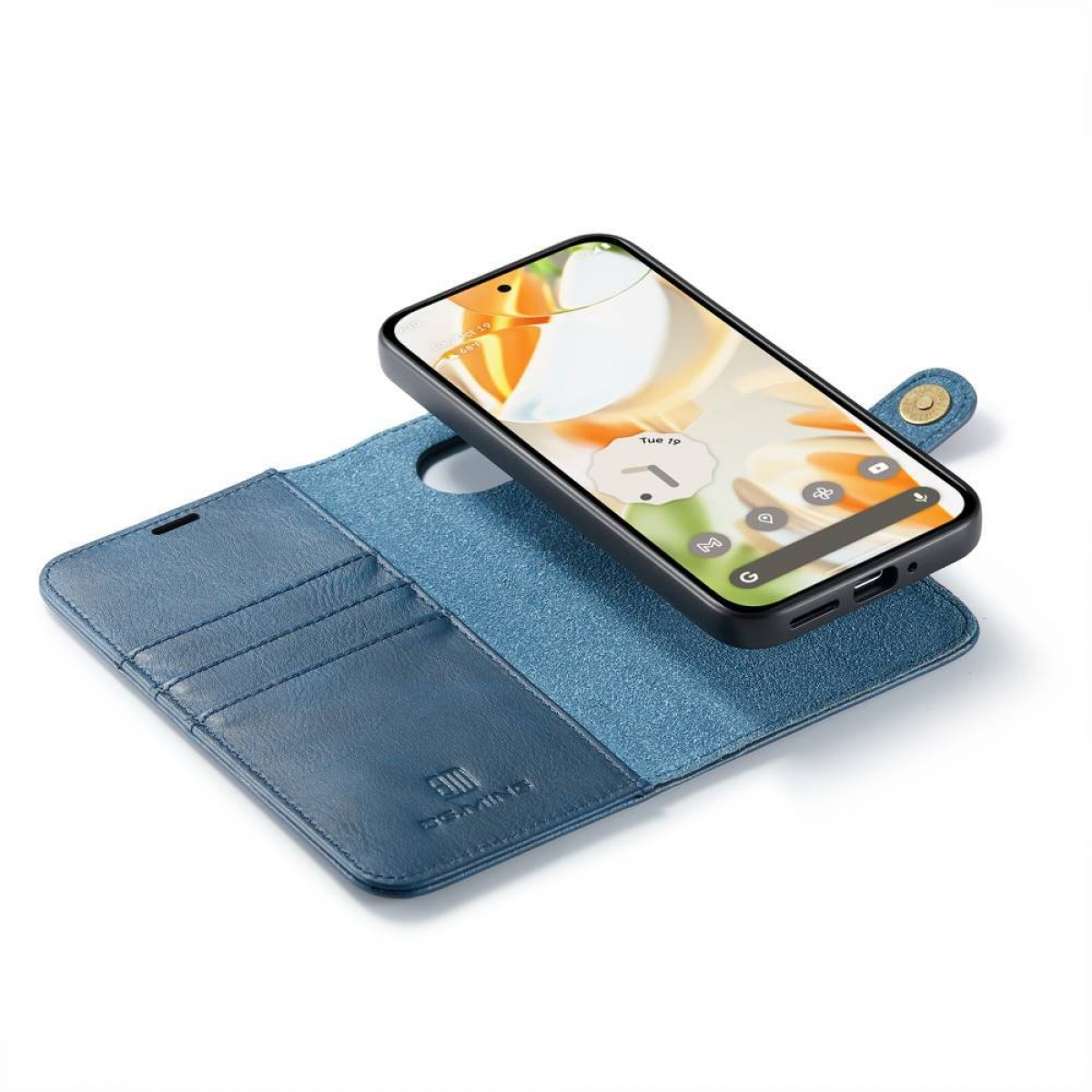 Ein Smartphone mit schwarzem Gehäuse, eine offene blaue Ledergeldbörse und ein weißer Hintergrund.