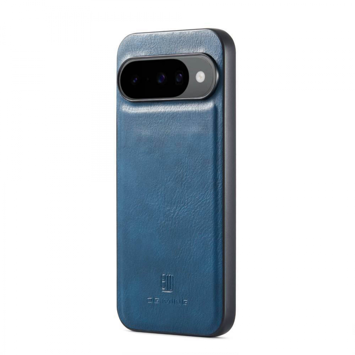 Eine blaue Handyhülle mit Kameraausbuchtung. Die Hülle hat eine strukturierte Oberfläche, und das Telefon ist vertikal vor weißem Hintergrund positioniert.