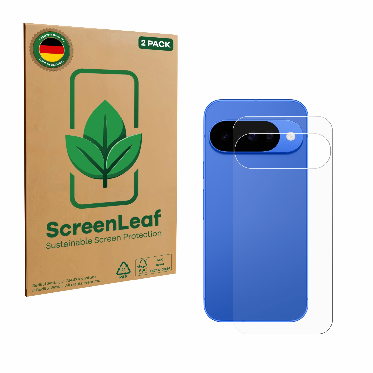 Ein blaues Telefon mit Displayschutz neben einer braunen Schachtel. Die Schachtel hat ein grünes Blattlogo und sagt 'ScreenLeaf'.