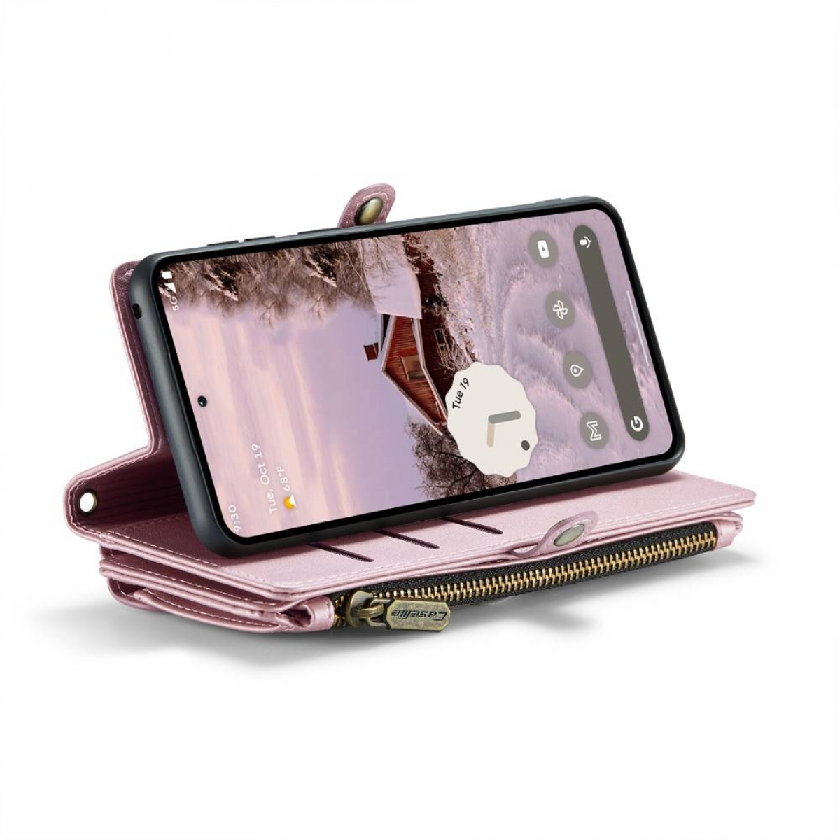 Eine pinke Handyhülle mit offenem Handy, das eine Winterszene zeigt. Die Hülle hat einen Reißverschluss und Kartenfächer.