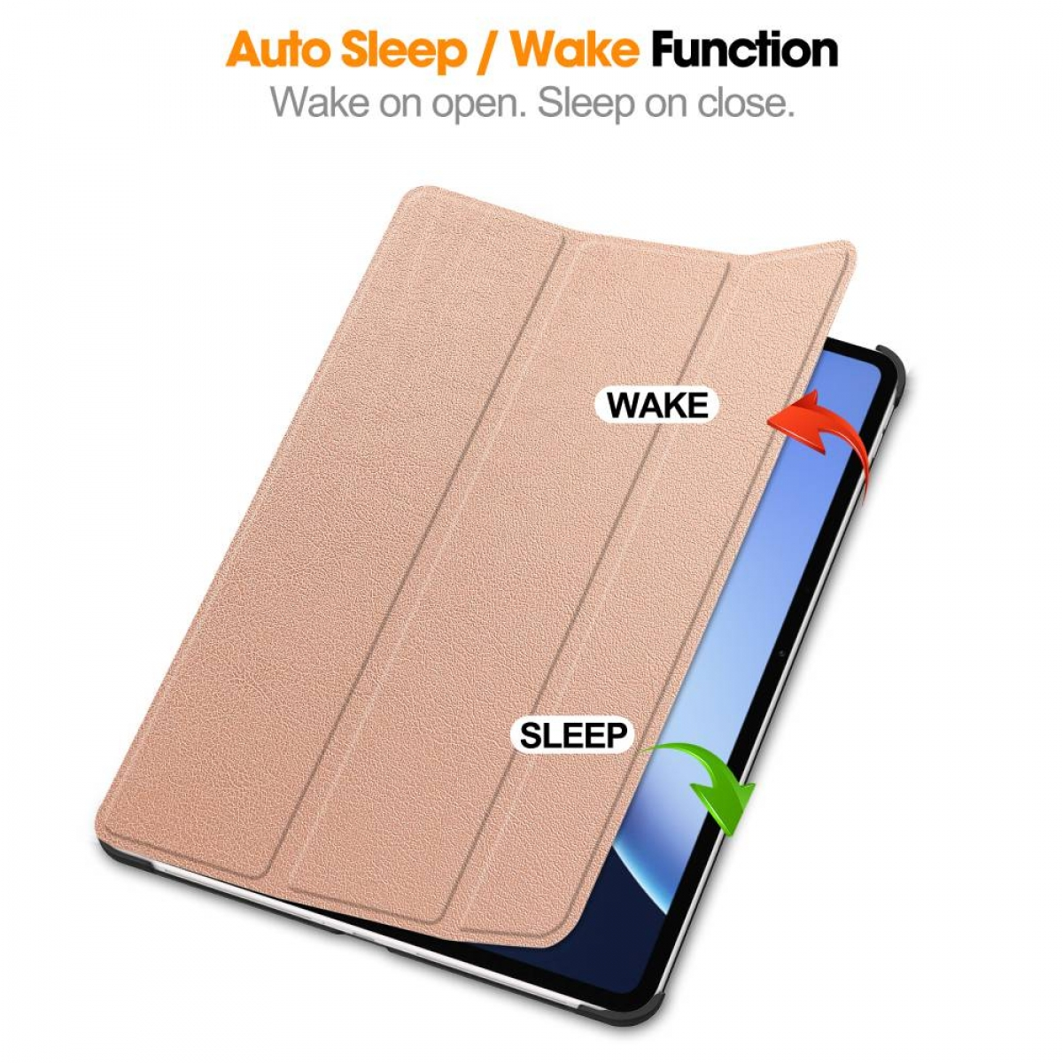 Geöffnete beige Tablet-Hülle, die den Bildschirm zeigt. Text weist auf die automatische Schlaf-/Weckfunktion hin.