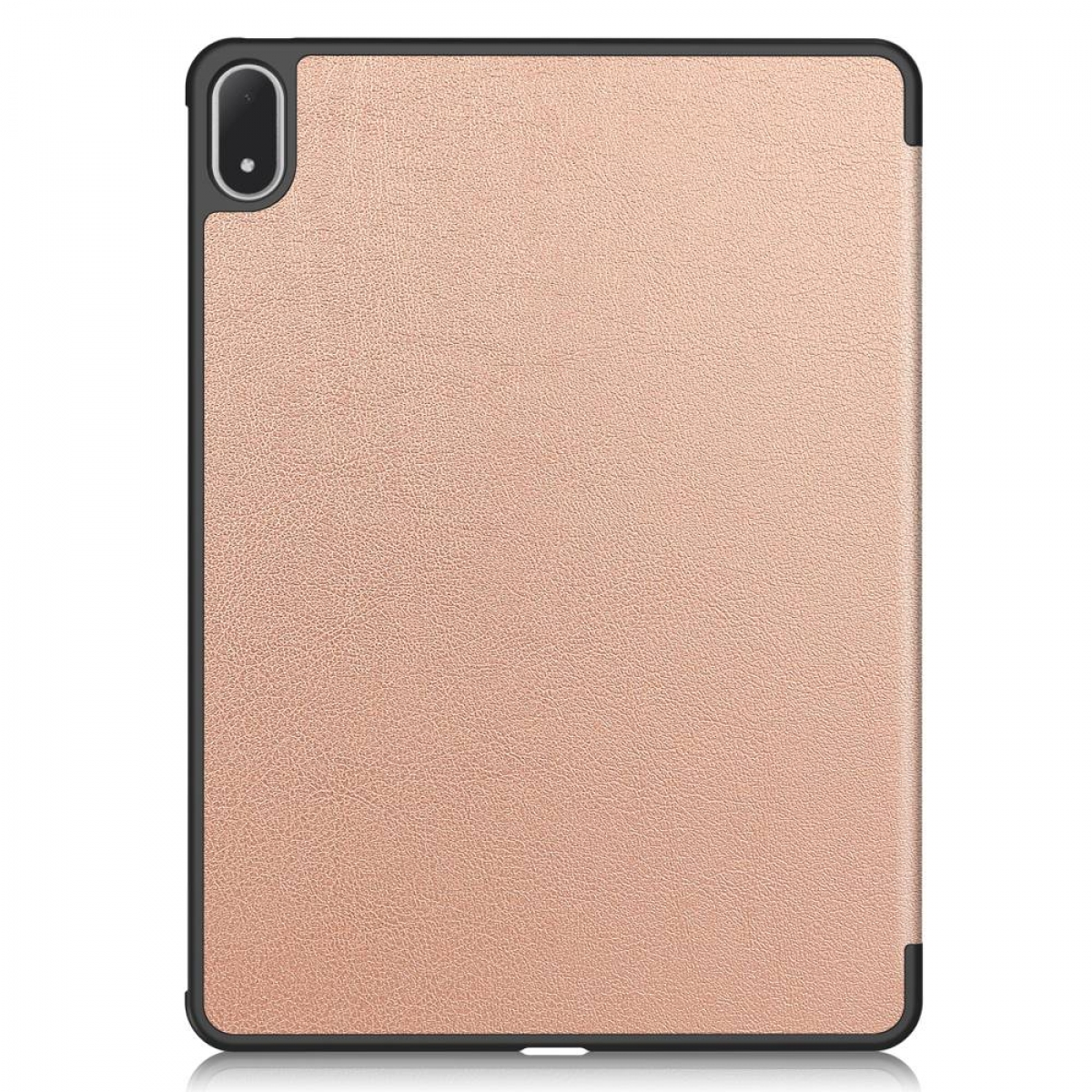 Eine Tablet-Hülle mit strukturierter, rosa-beiger Oberfläche. Sie hat einen schwarzen Rahmen und einen Kameraausschnitt. Die Hülle liegt auf einer weißen Oberfläche.
