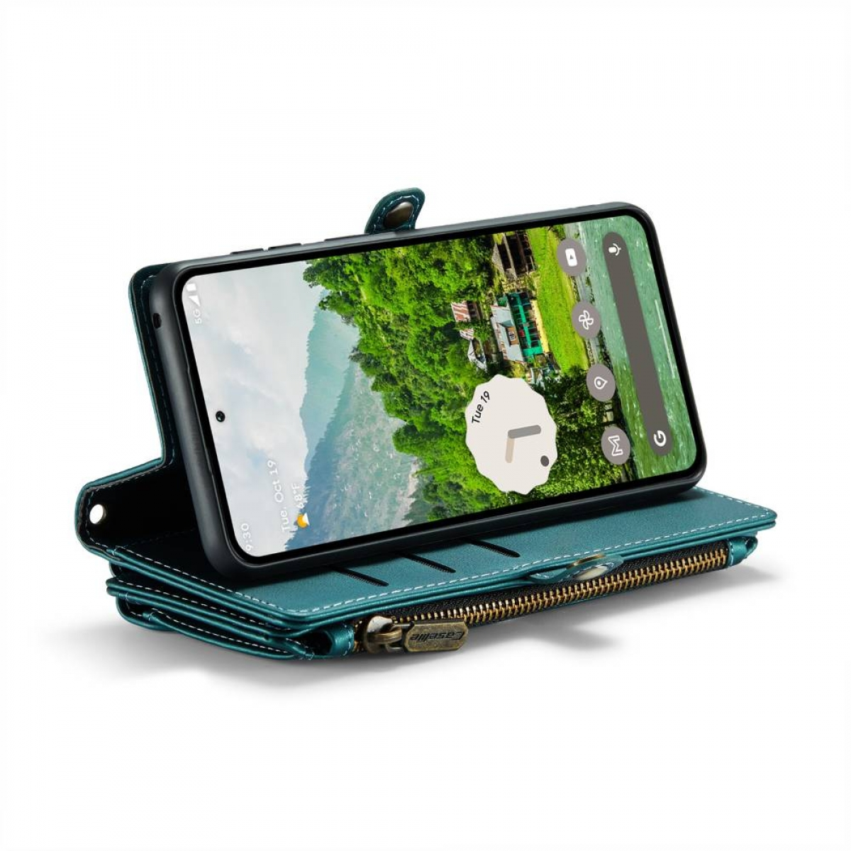Eine tealfarbene Handyhülle mit einem Smartphone, das eine Landschaft zeigt. Die Hülle ist offen und zeigt ein Portemonnaie-Design mit Reißverschluss.