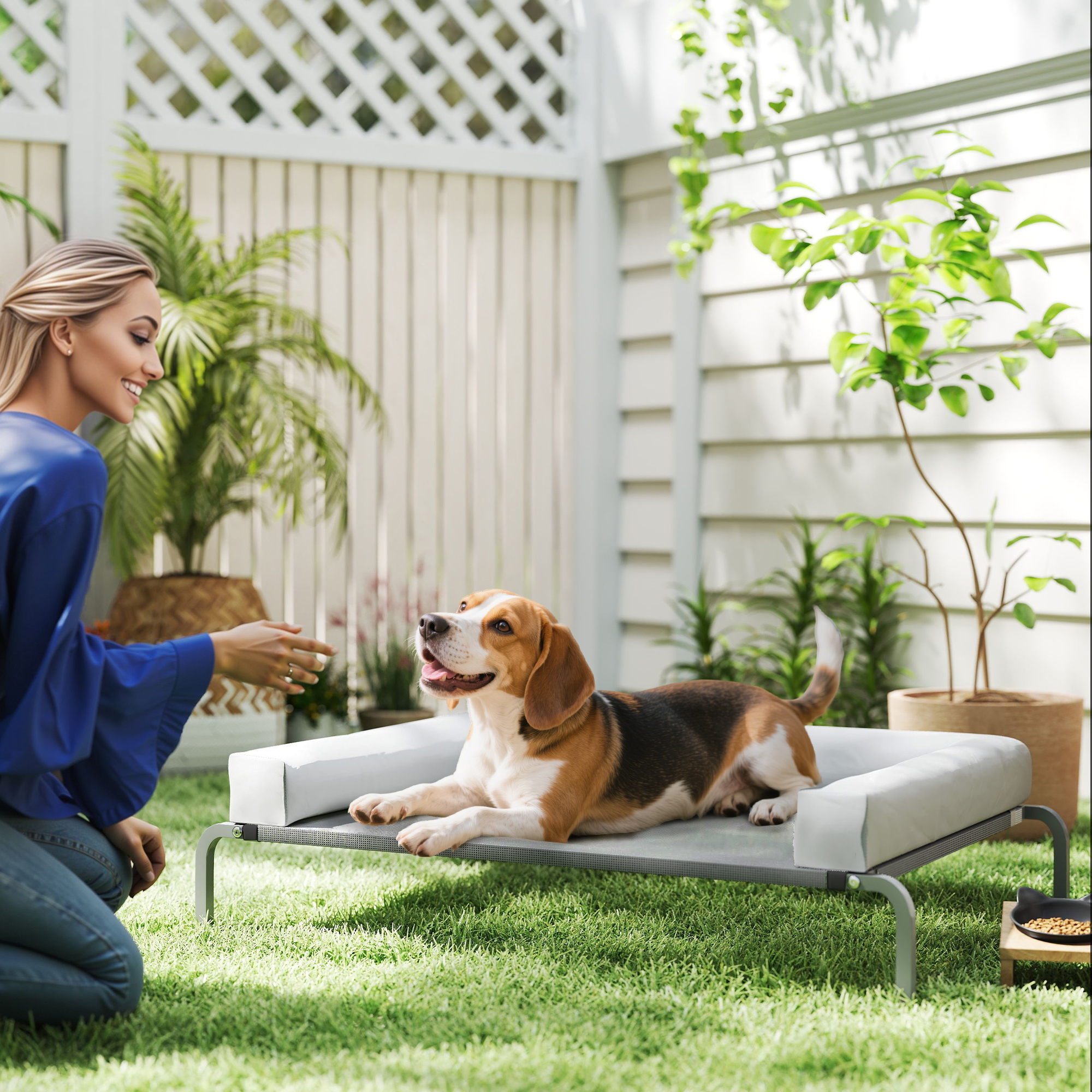 Una mujer de azul interactúa con un beagle en una cama para perros en un jardín. Césped verde, plantas y una valla blanca al fondo.