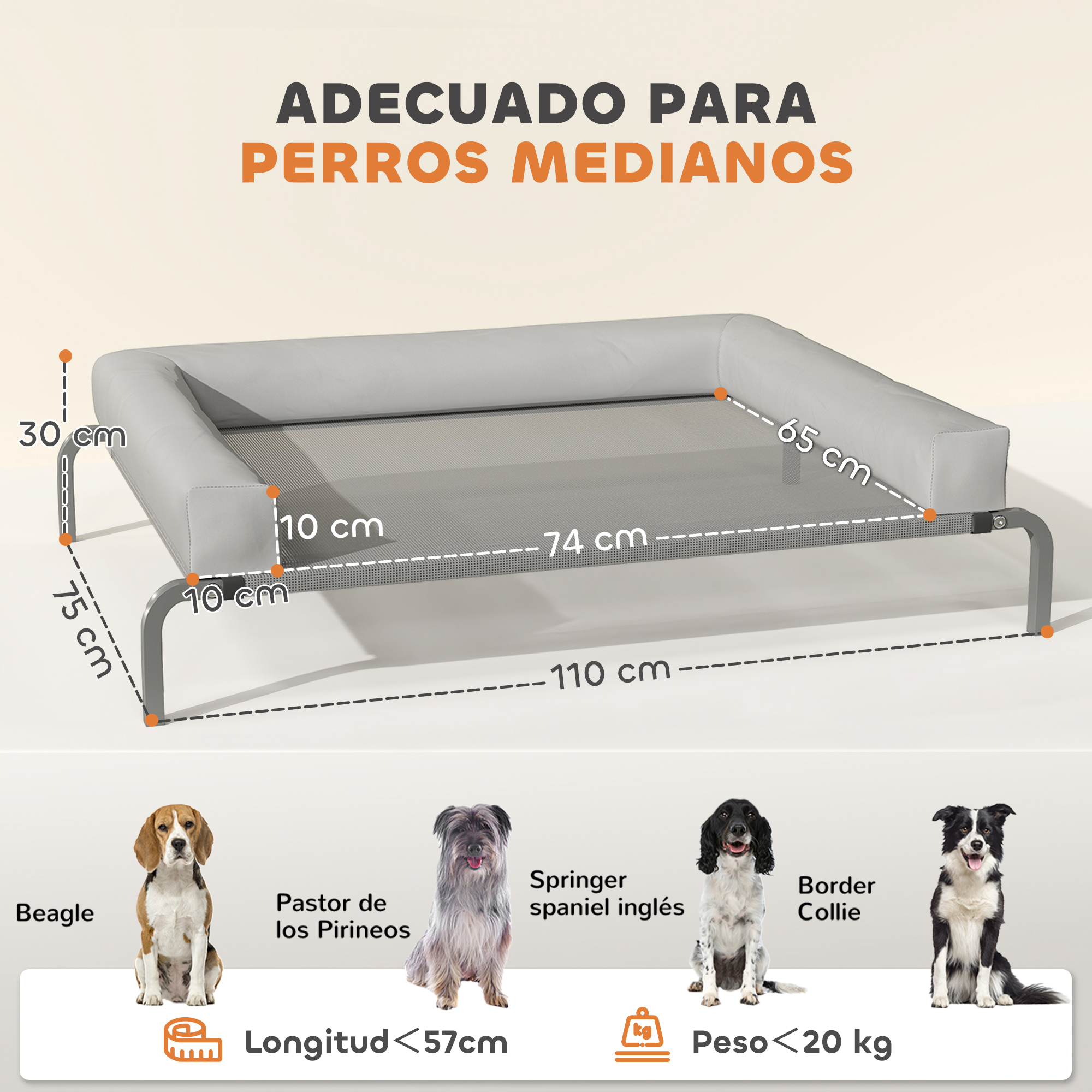 Cama para perros con dimensiones mostradas. Se muestran cuatro razas de perros: Beagle, Pastor de los Pirineos, Springer Spaniel y Border Collie.