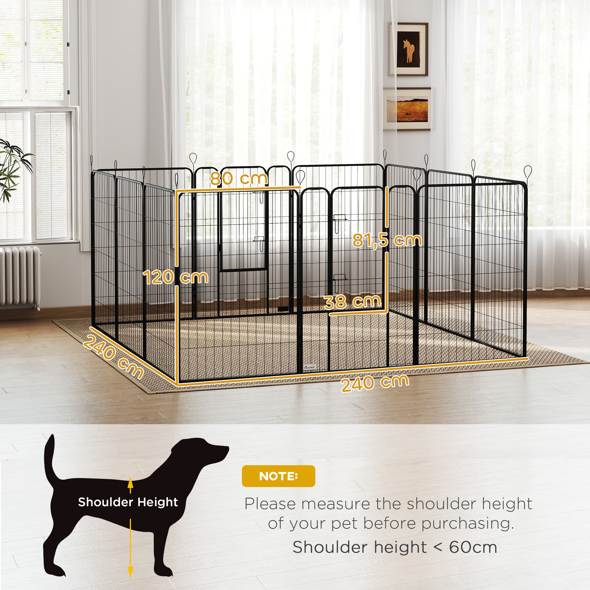 Se muestra un parque para perros de metal negro con dimensiones. La imagen muestra una silueta de perro con medición de altura de hombro.