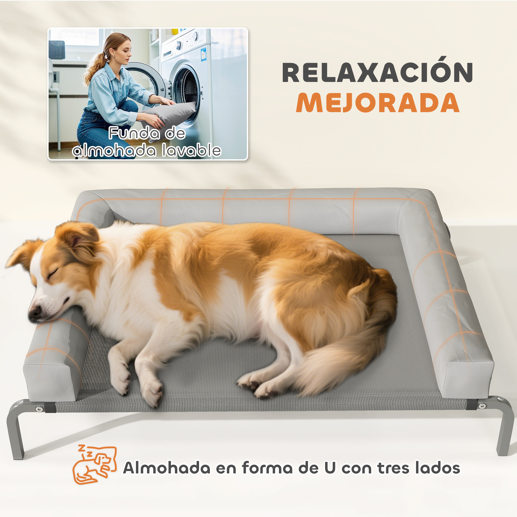 Un perro duerme en una cama gris para mascotas. Una mujer mete una almohada en una lavadora. El texto dice 'funda de almohada lavable'.