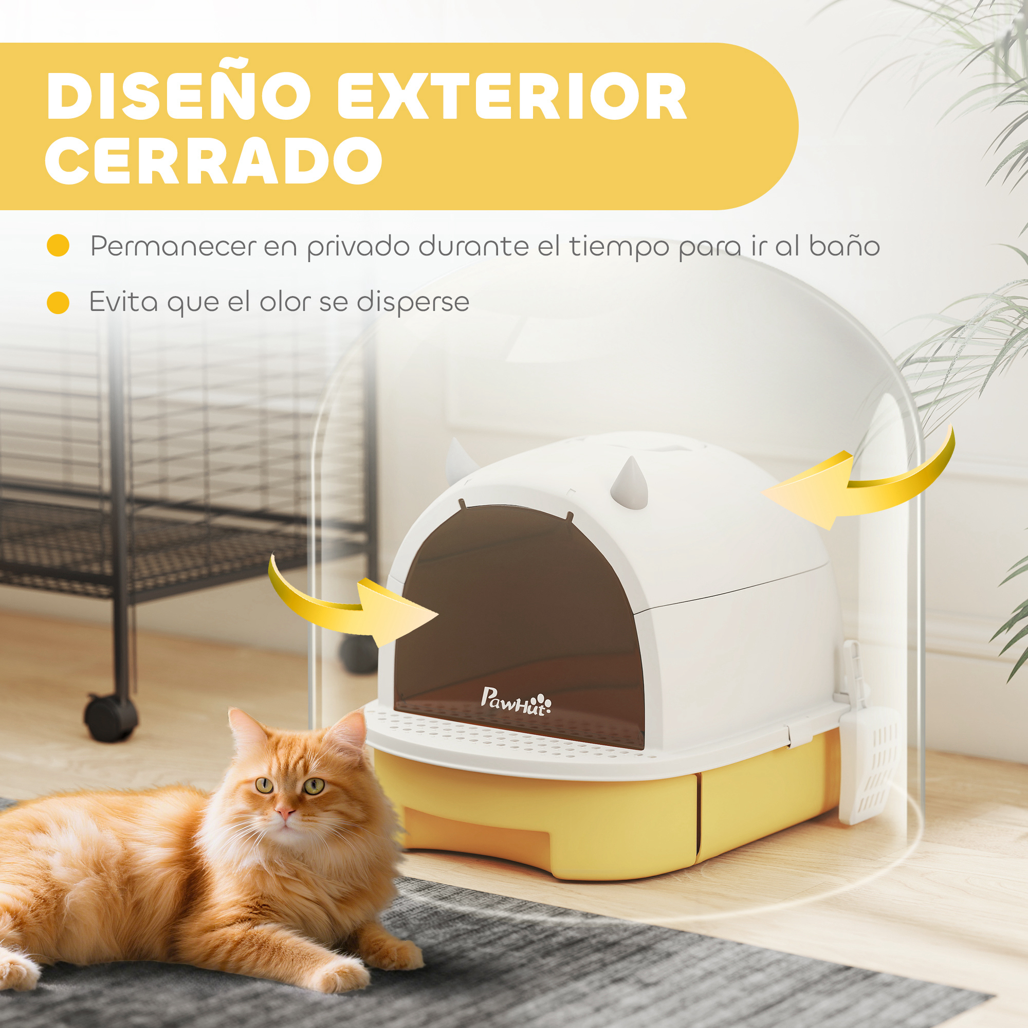 Un gato naranja yace cerca de una caja de arena para gatos amarilla y blanca. La caja tiene una tapa abovedada y una pala.