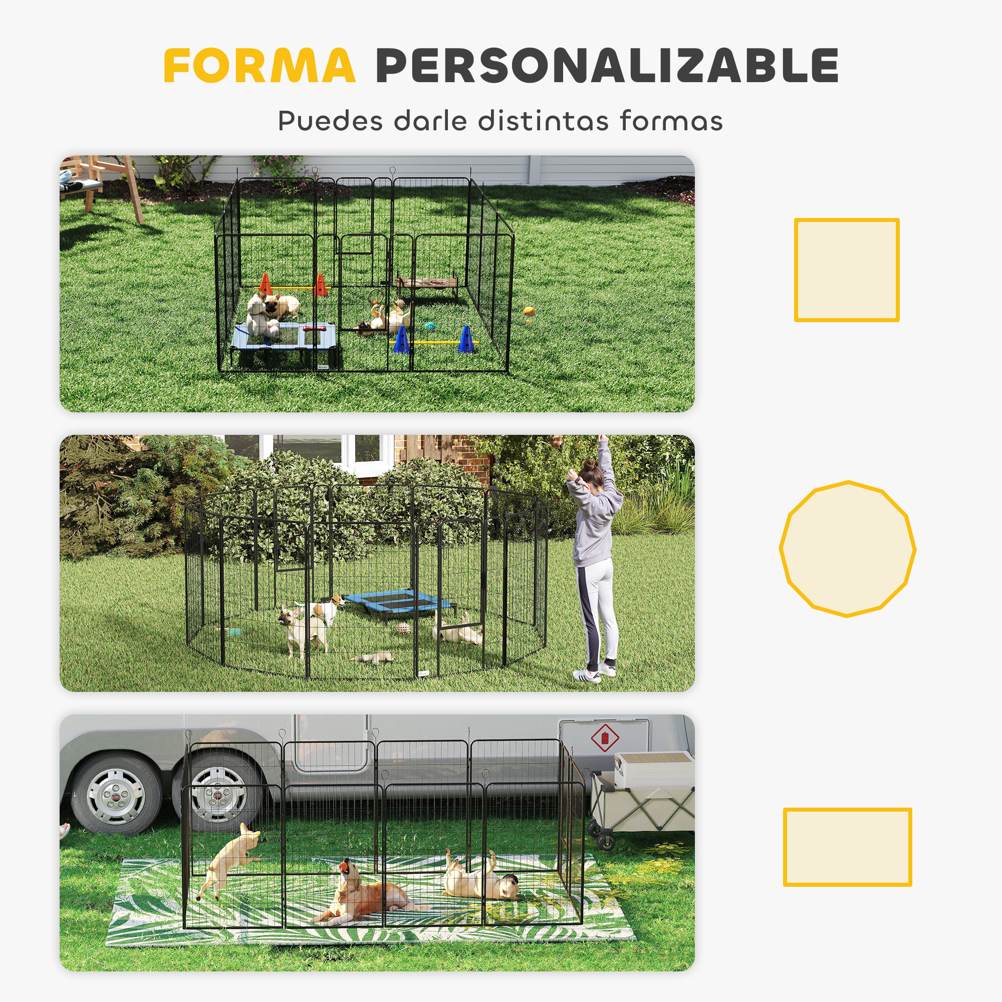 La imagen muestra tres parques infantiles para mascotas diferentes sobre césped. Los perros juegan dentro de cada uno. El texto dice: "Forma personalizable".