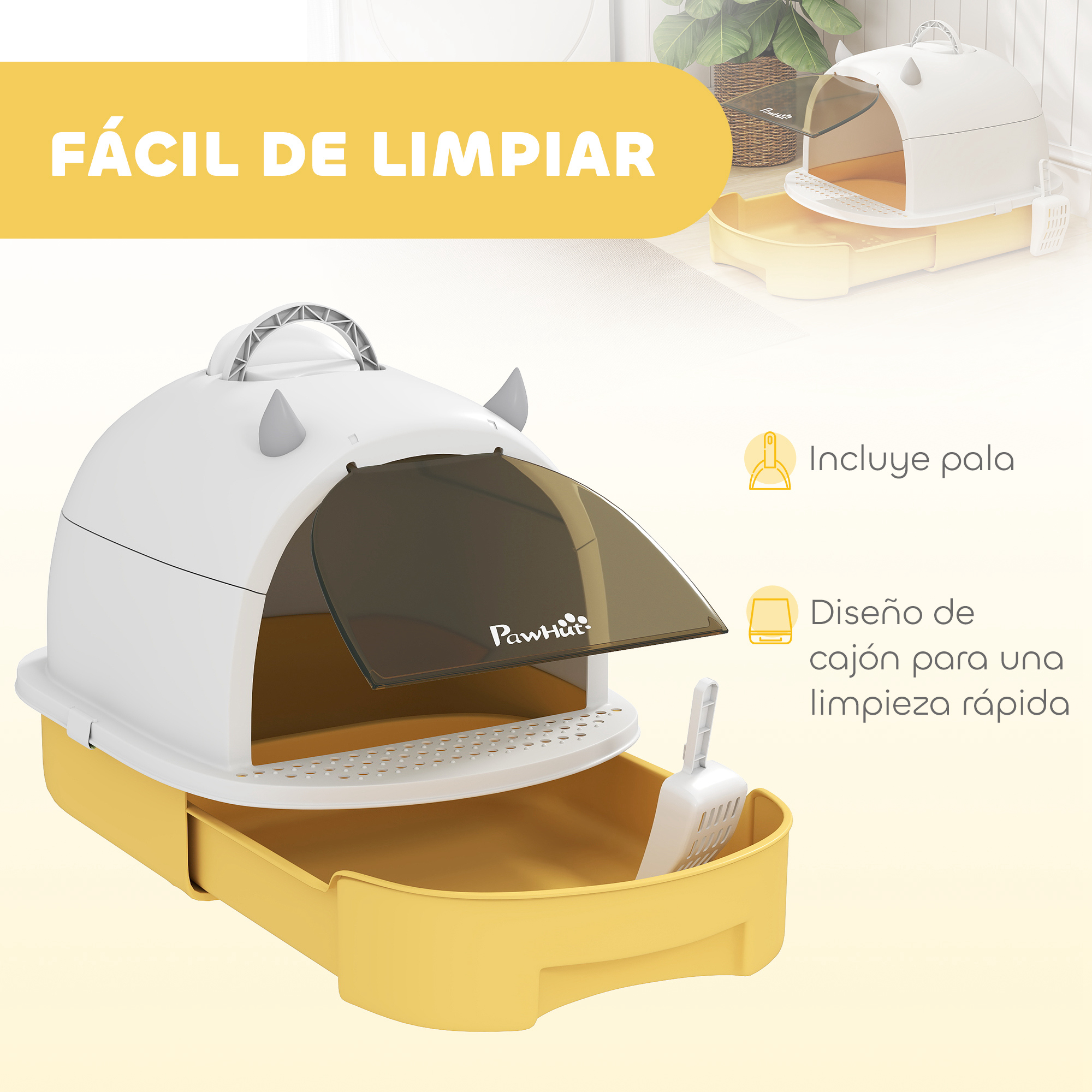 Una caja de arena blanca con base amarilla, una pala y texto en español. Incluye una asa superior y una puerta transparente.
