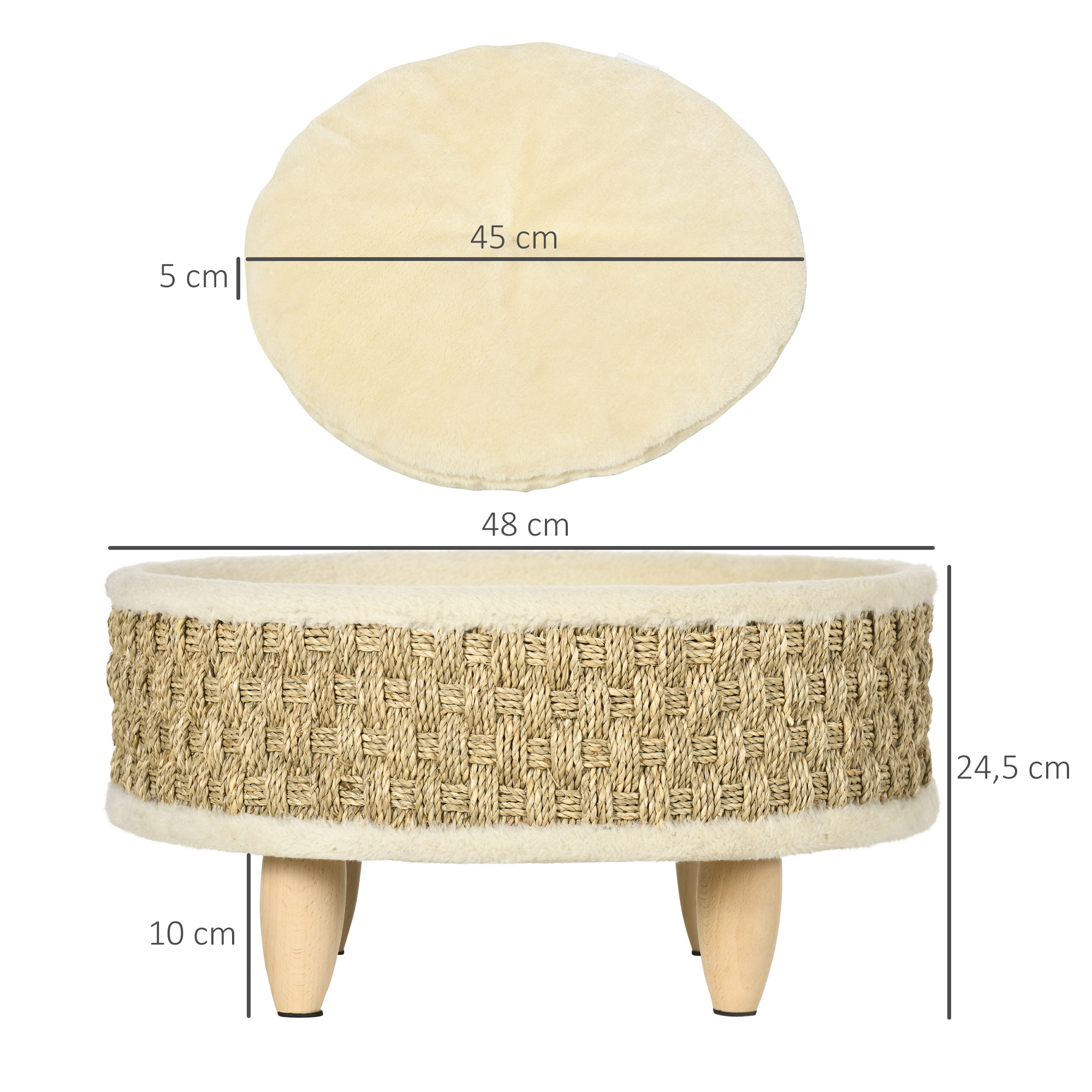 Una cama para gatos beige con base de cesta tejida, cojín redondo y patas de madera. Las dimensiones están etiquetadas en centímetros.
