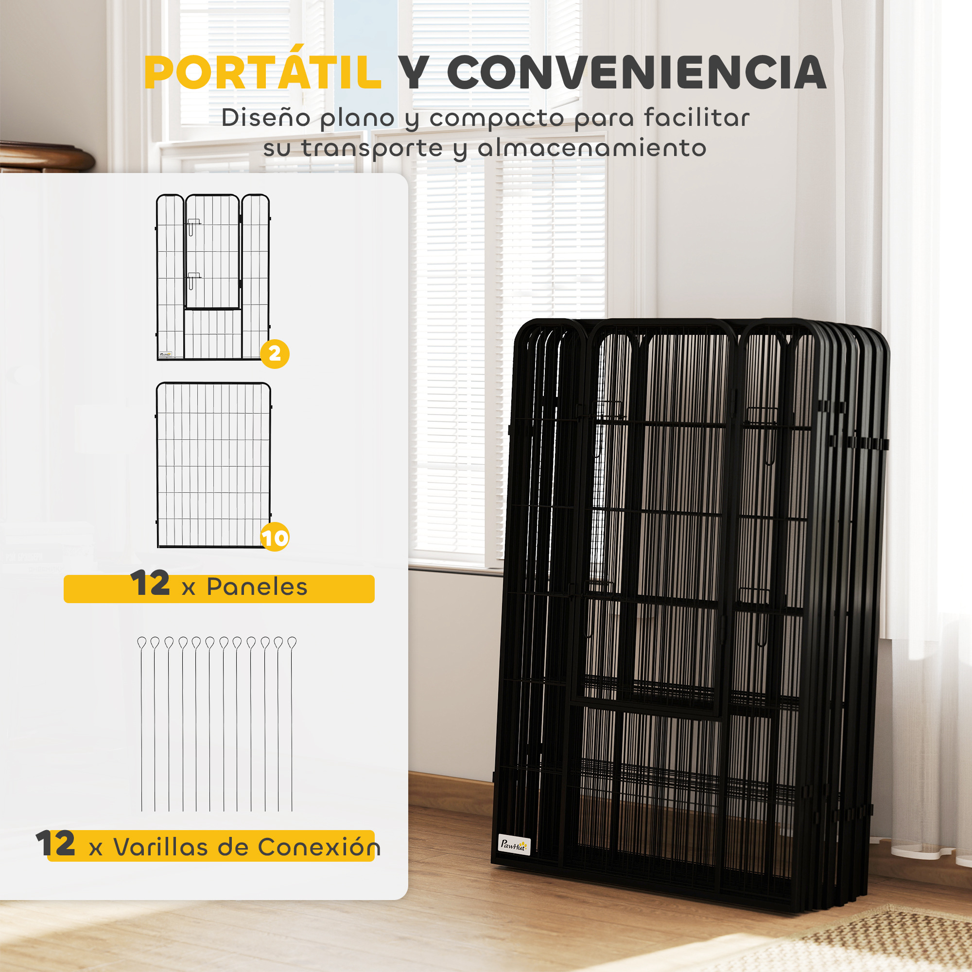 Parque para mascotas negro con 12 paneles y varillas de conexión. Texto dice 'PORTÁTIL Y CONVENIENCIA' y 'PawHut'.
