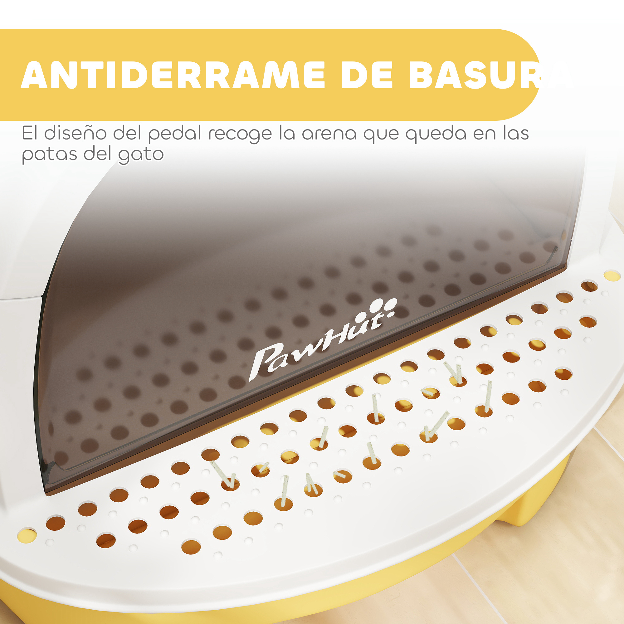 Una caja de arena blanca y amarilla para gatos. Tiene una parte superior marrón y una sección de rejilla blanca. El logo de PawHut es visible.