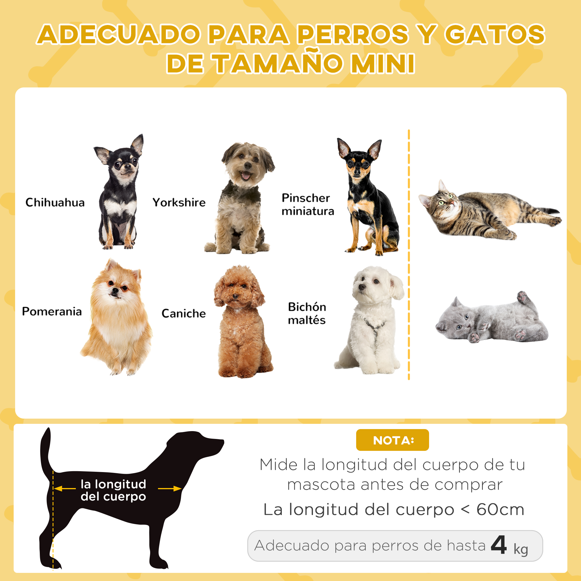 La imagen muestra varias razas de perros pequeños y gatos, con texto sobre límites de tamaño y peso para mascotas.