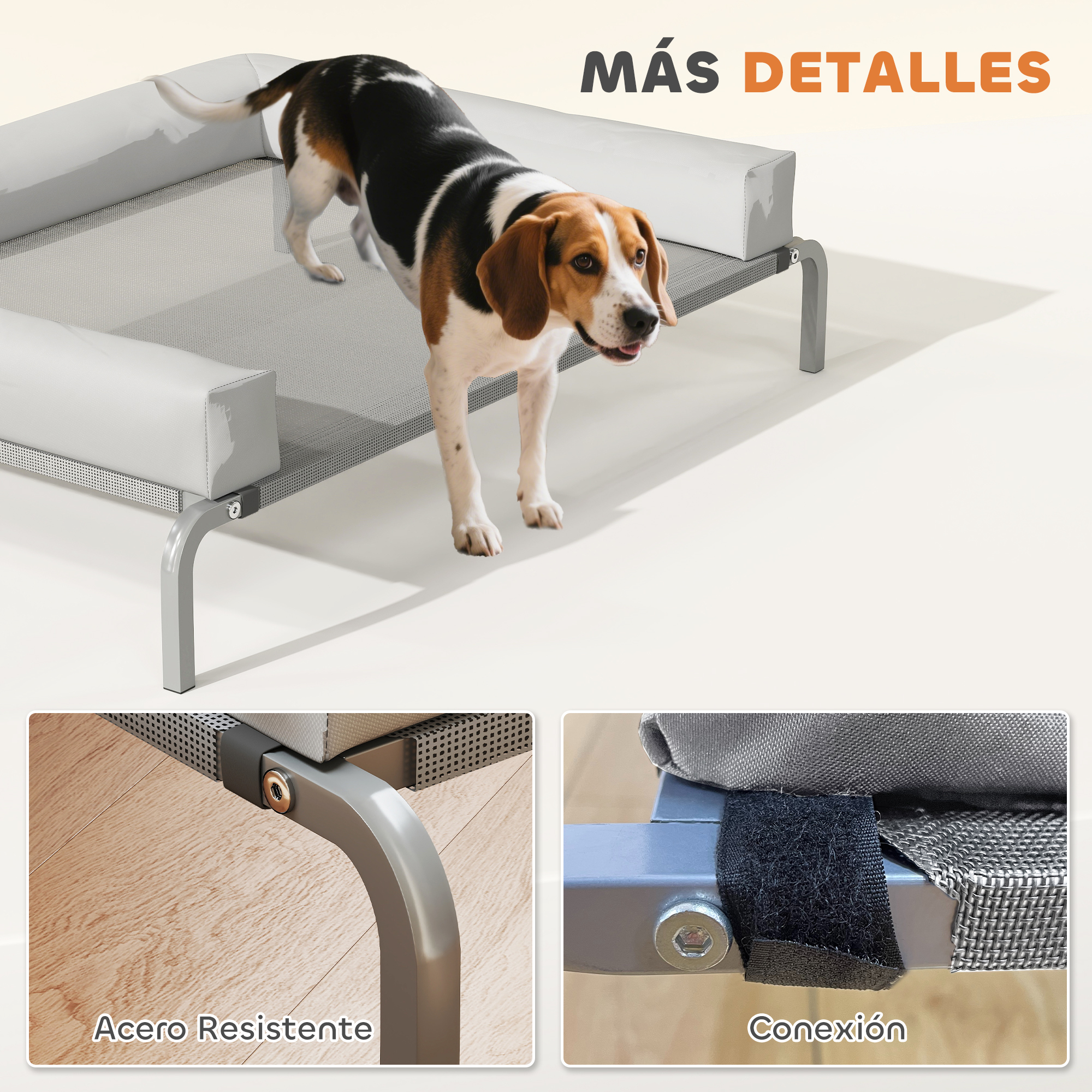 Un perro está sobre una cama para perros. La cama es gris con cojines blancos. Primeros planos muestran detalles de la cama y marco de acero.