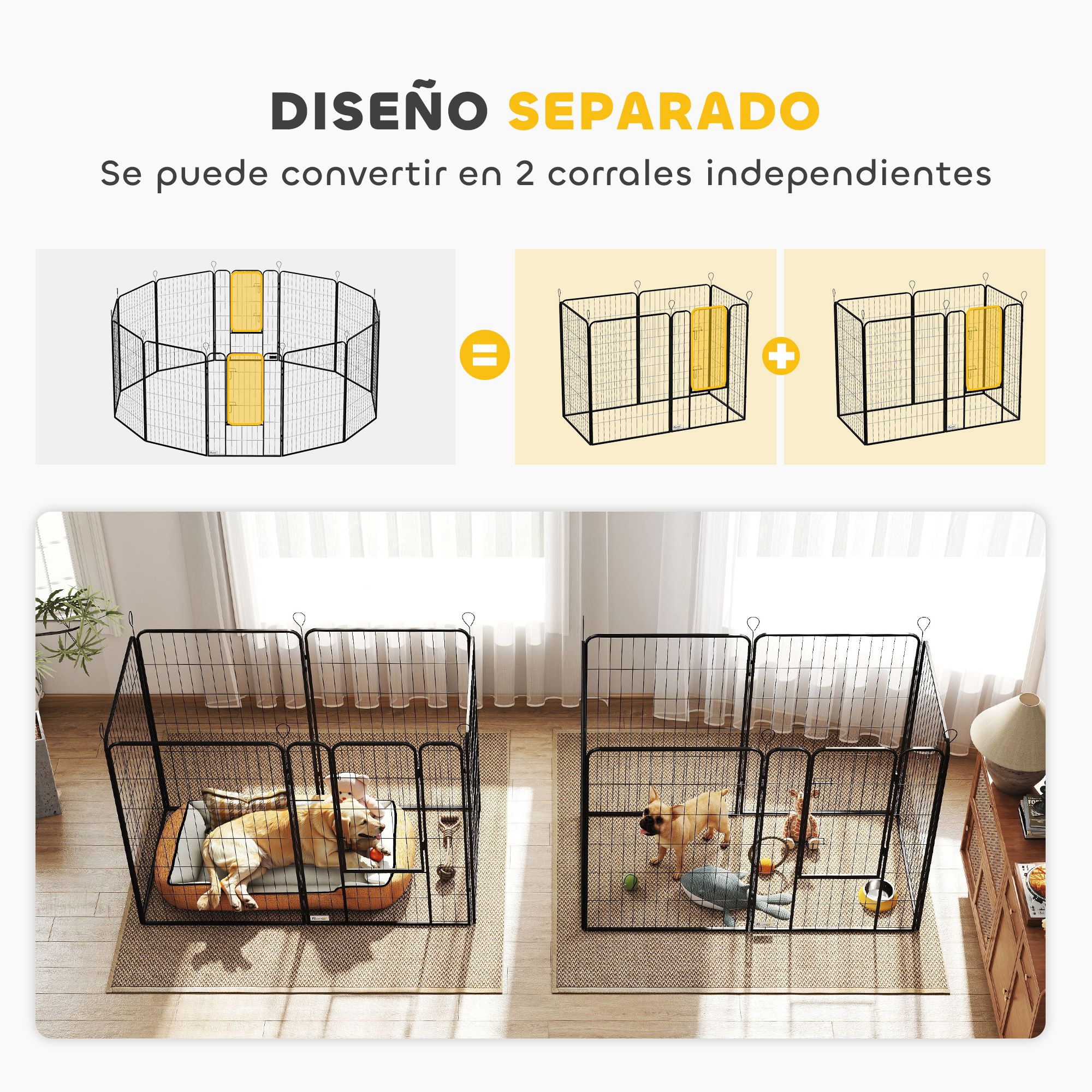 Un corral para perros con un perro dentro. Se puede separar en dos corrales. El corral es negro.