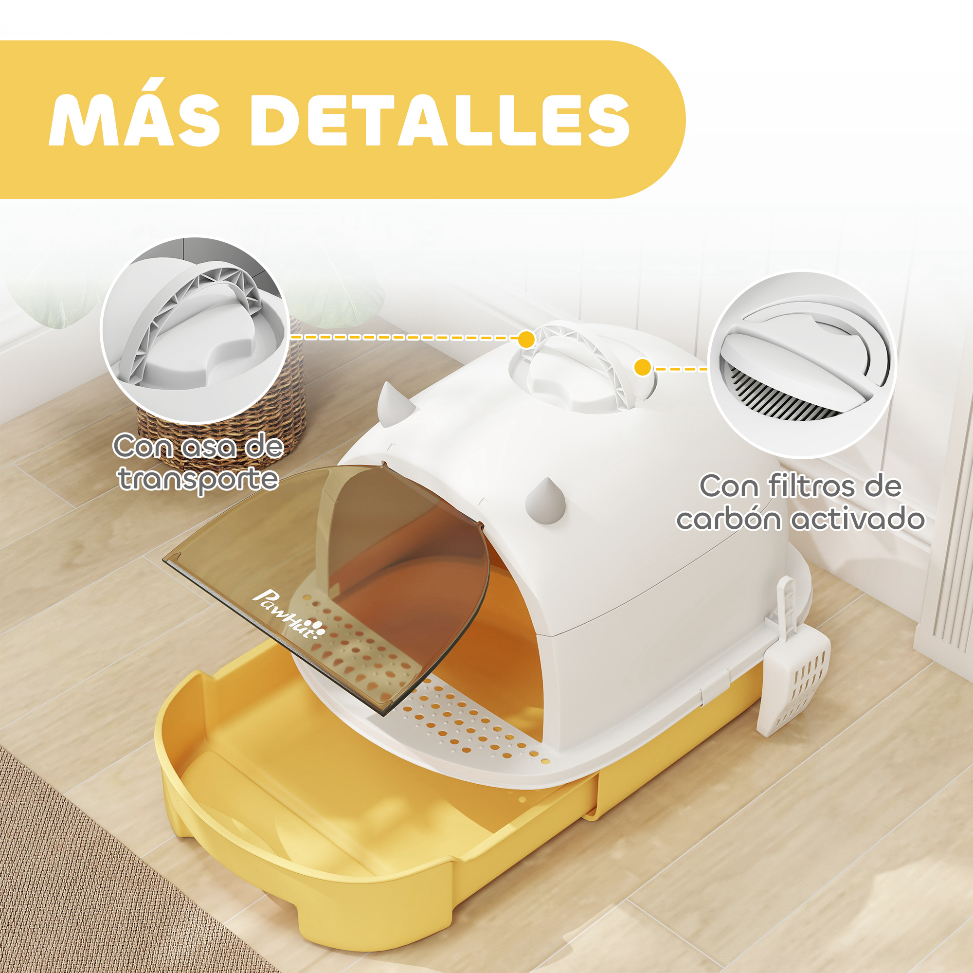 Arenero para gatos blanco y amarillo con asa. Incluye filtros de carbón activo y pala.
