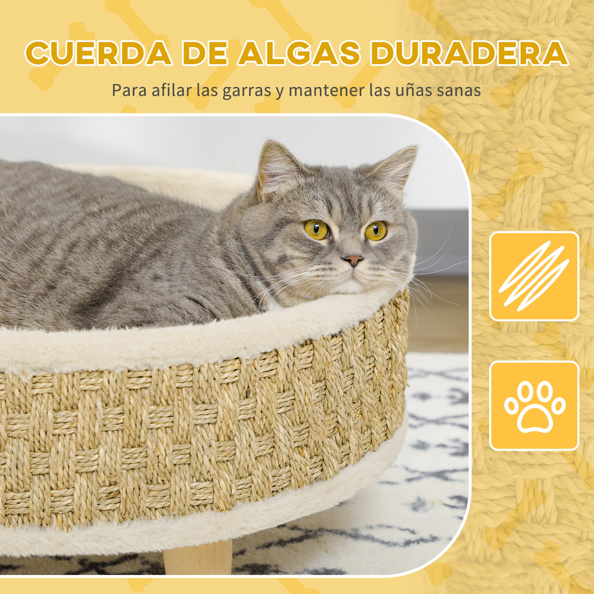 Un gato gris descansa en una cama tejida para gatos. La cama es beige con un borde blanco y esponjoso. El fondo es amarillo con texto.