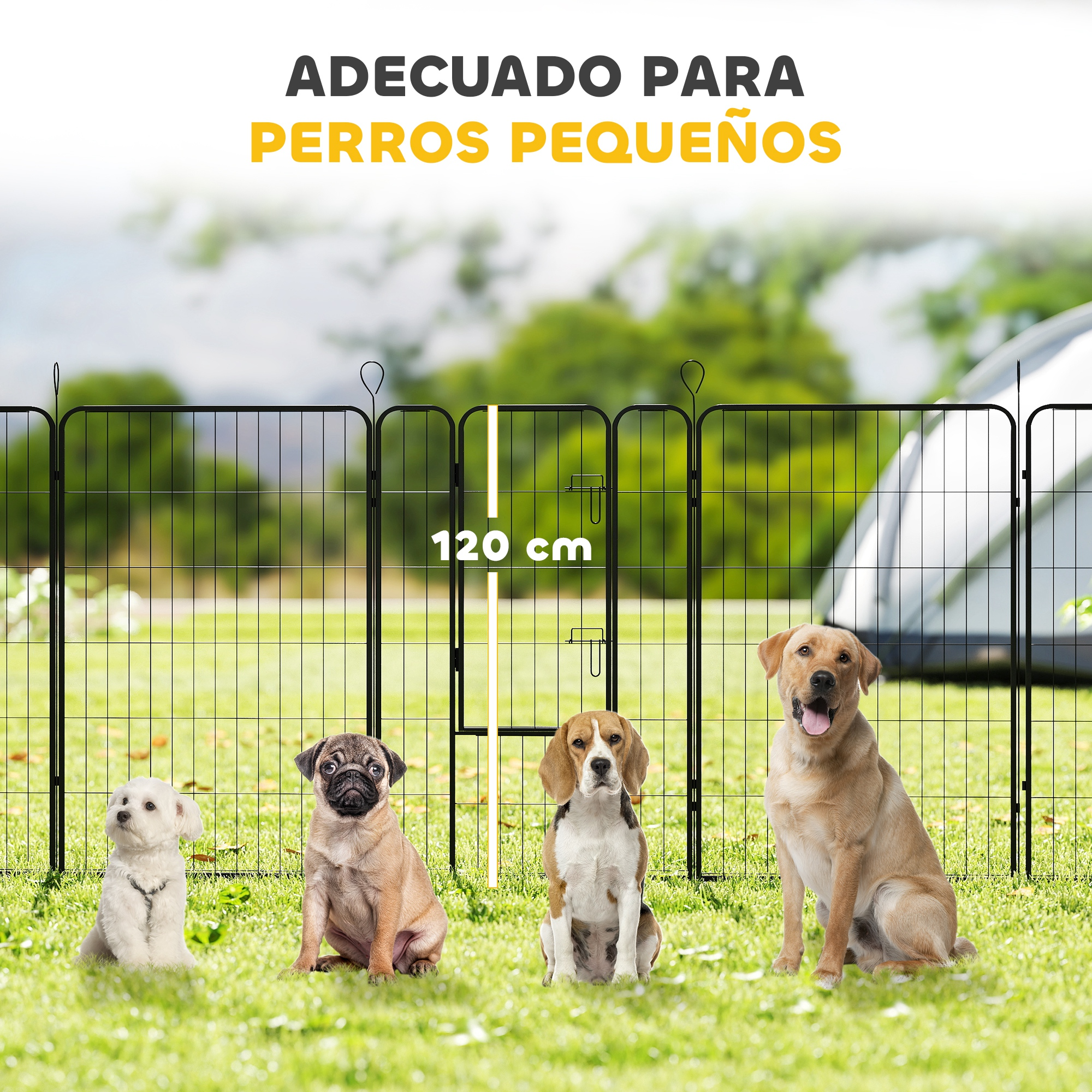 Cuatro perros de diferentes razas se sientan frente a una valla negra sobre hierba verde. El texto dice: 'Adecuado para perros pequeños'.