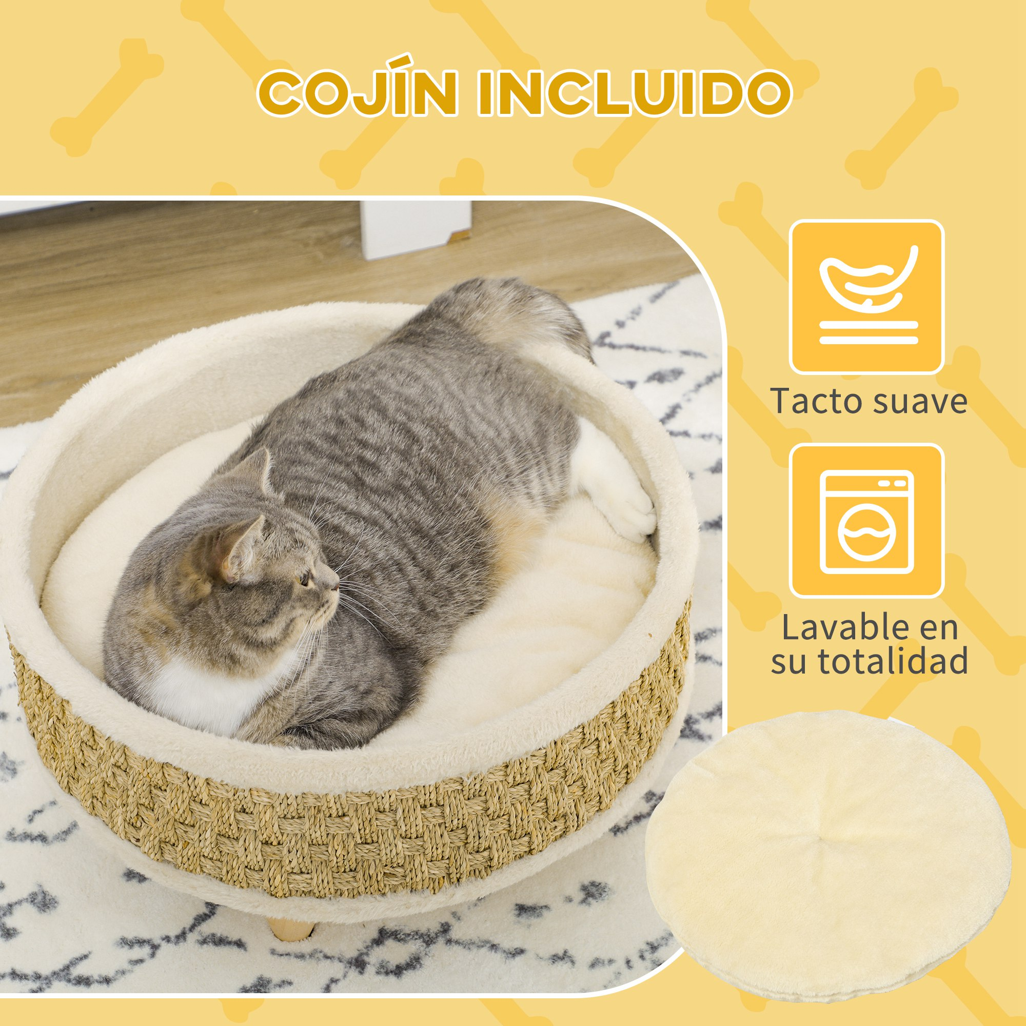 Un gato gris descansa en una cama beige para mascotas. Un cojín redondo beige está junto a la cama. El fondo es amarillo con formas de hueso.