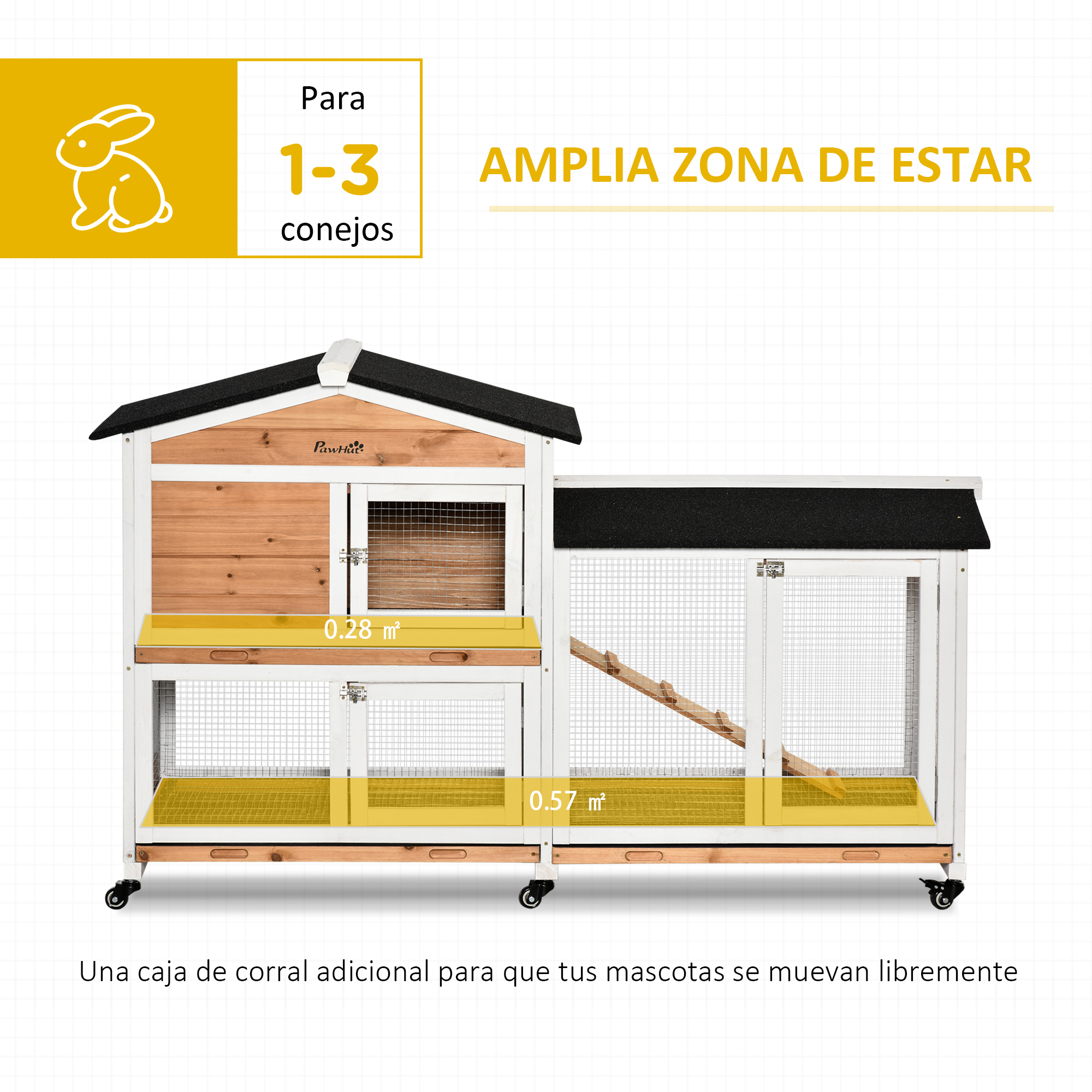 Jaula para conejos con estructura de madera y alambre, techo negro y ruedas. Texto: 1-3 conejos, amplia zona de estar. Incluye rampa.
