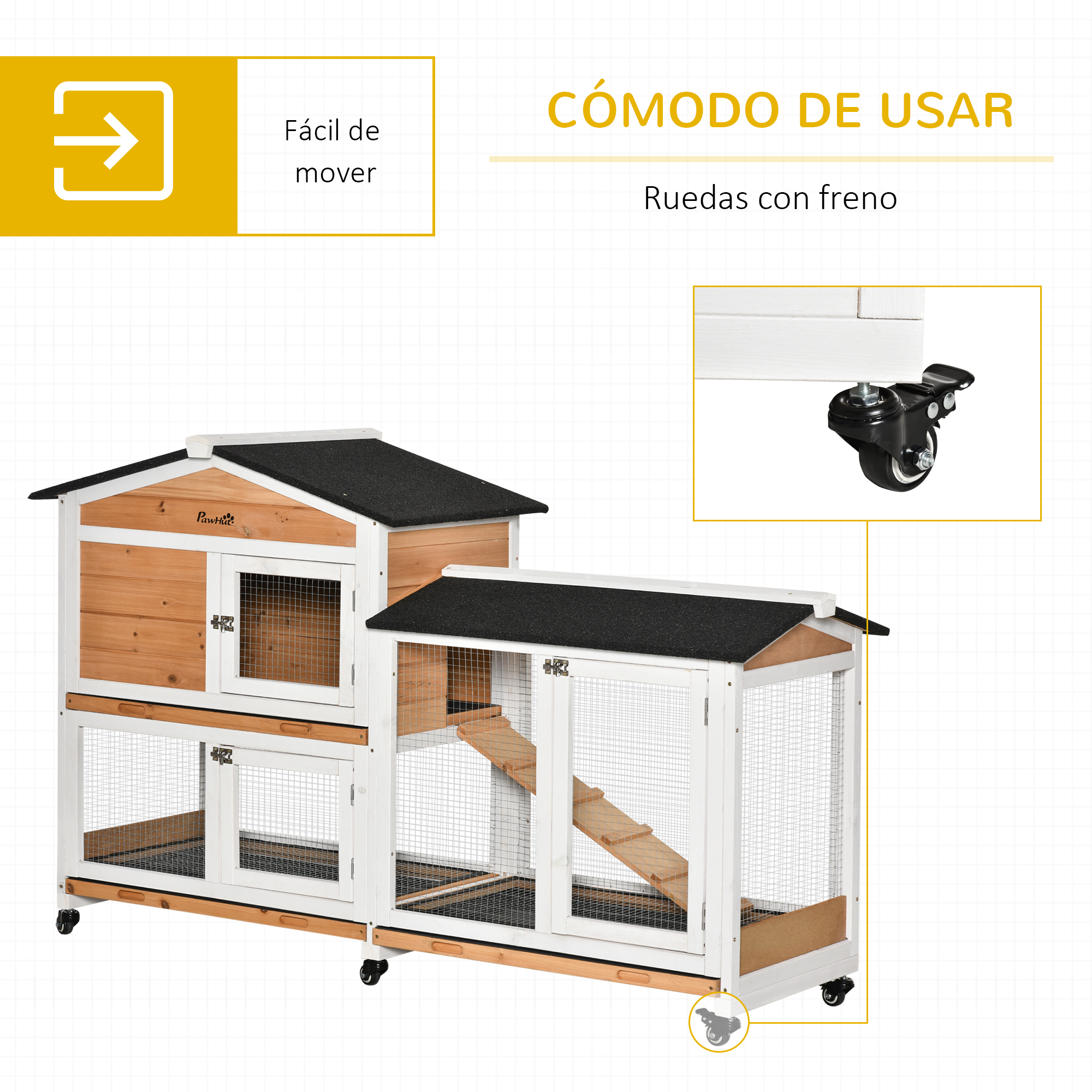 Una conejera de madera blanca y marrón con techo negro, ruedas y rampa. Texto: fácil de mover, cómodo de usar.