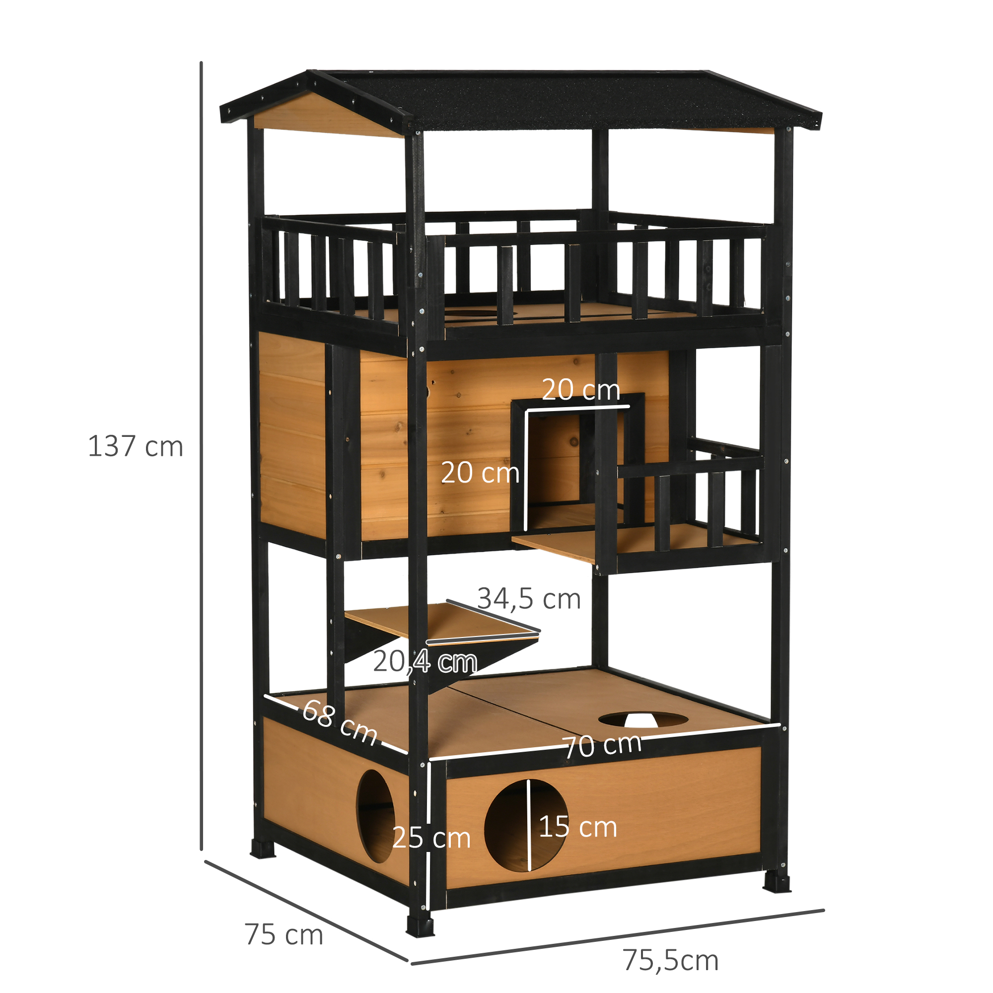 Un árbol para gatos de varios niveles con techo negro, plataformas y dos agujeros de entrada. Las dimensiones están etiquetadas.