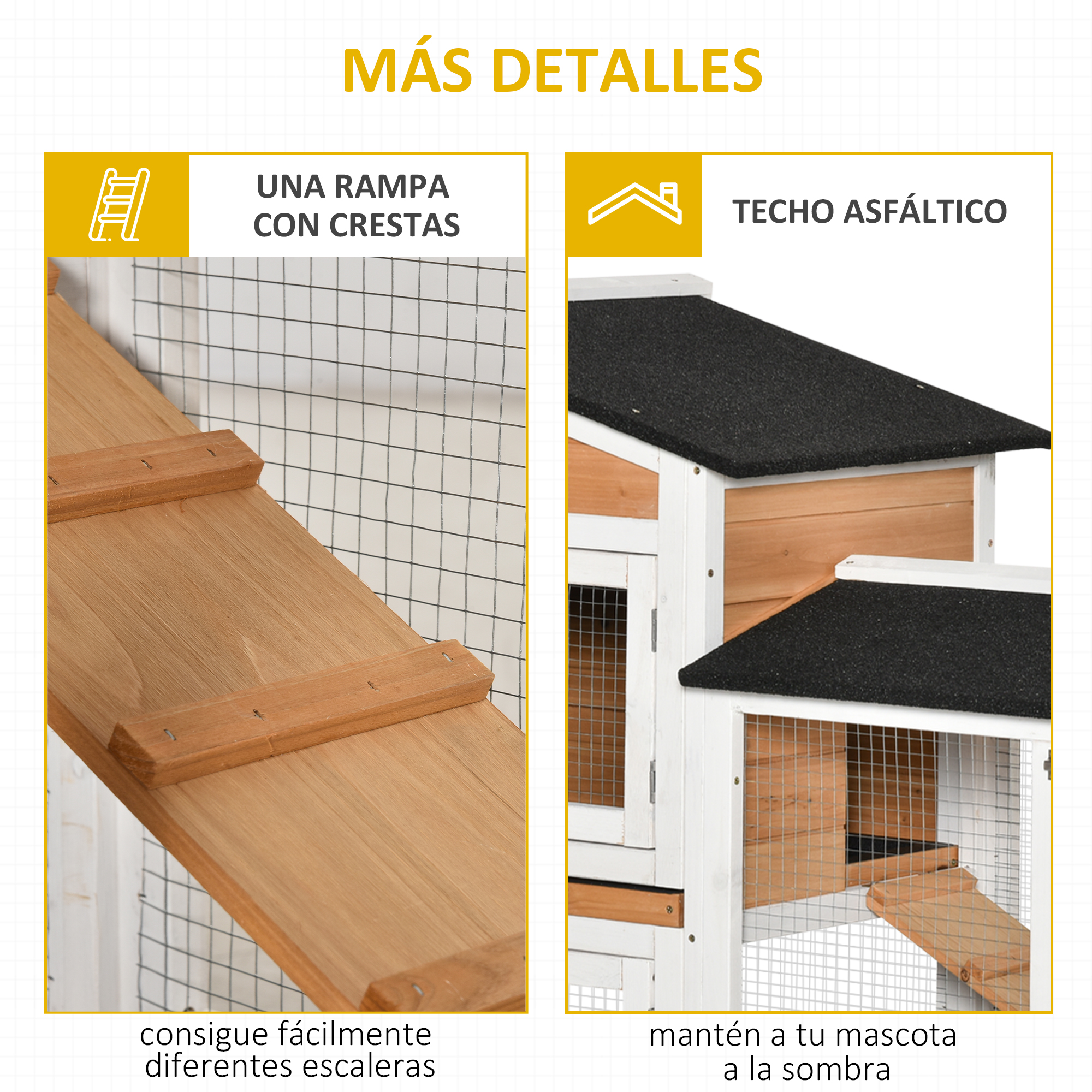 La imagen muestra un detalle de una casa de mascotas de madera. Incluye una rampa con crestas y un techo asfáltico. Texto en español.