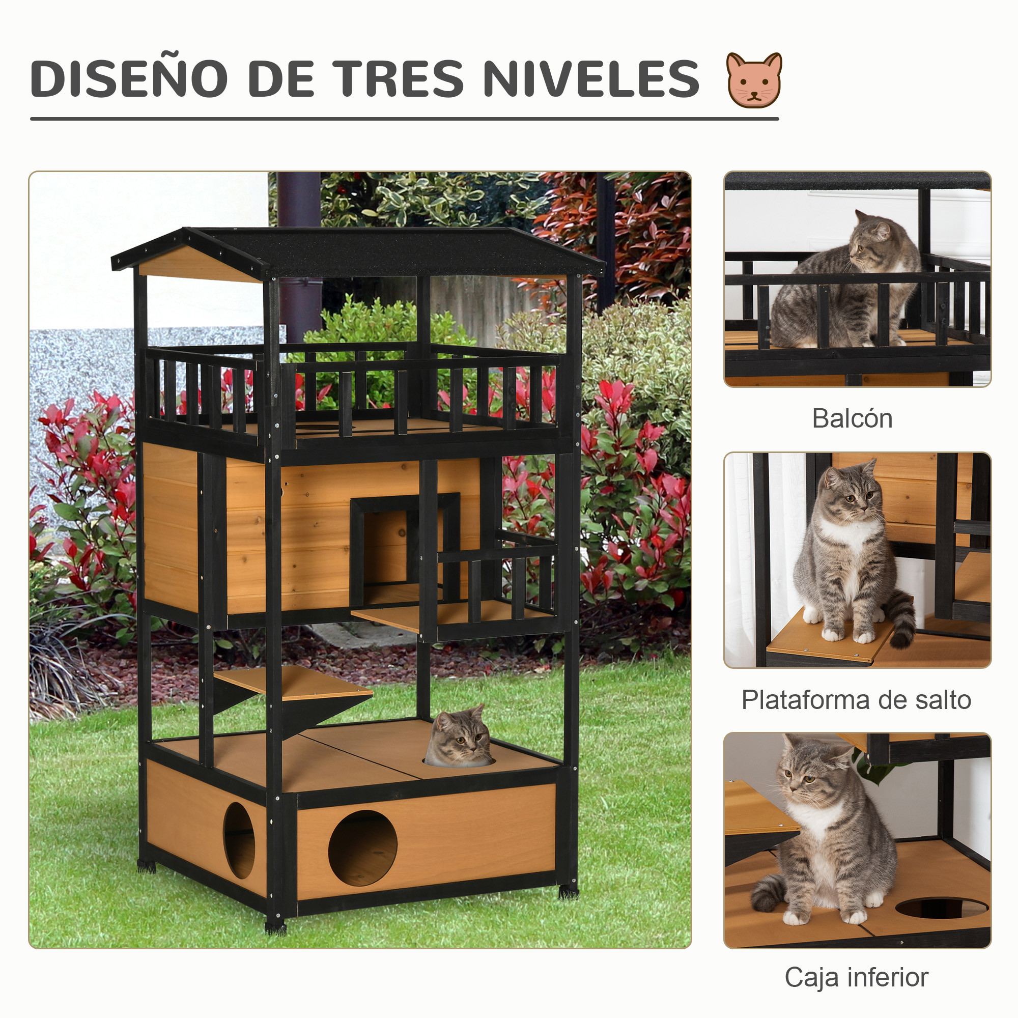 Un árbol para gatos de varios niveles con marco negro y plataformas de madera. Hay gatos en varios niveles. Hay hierba verde y plantas rojas.