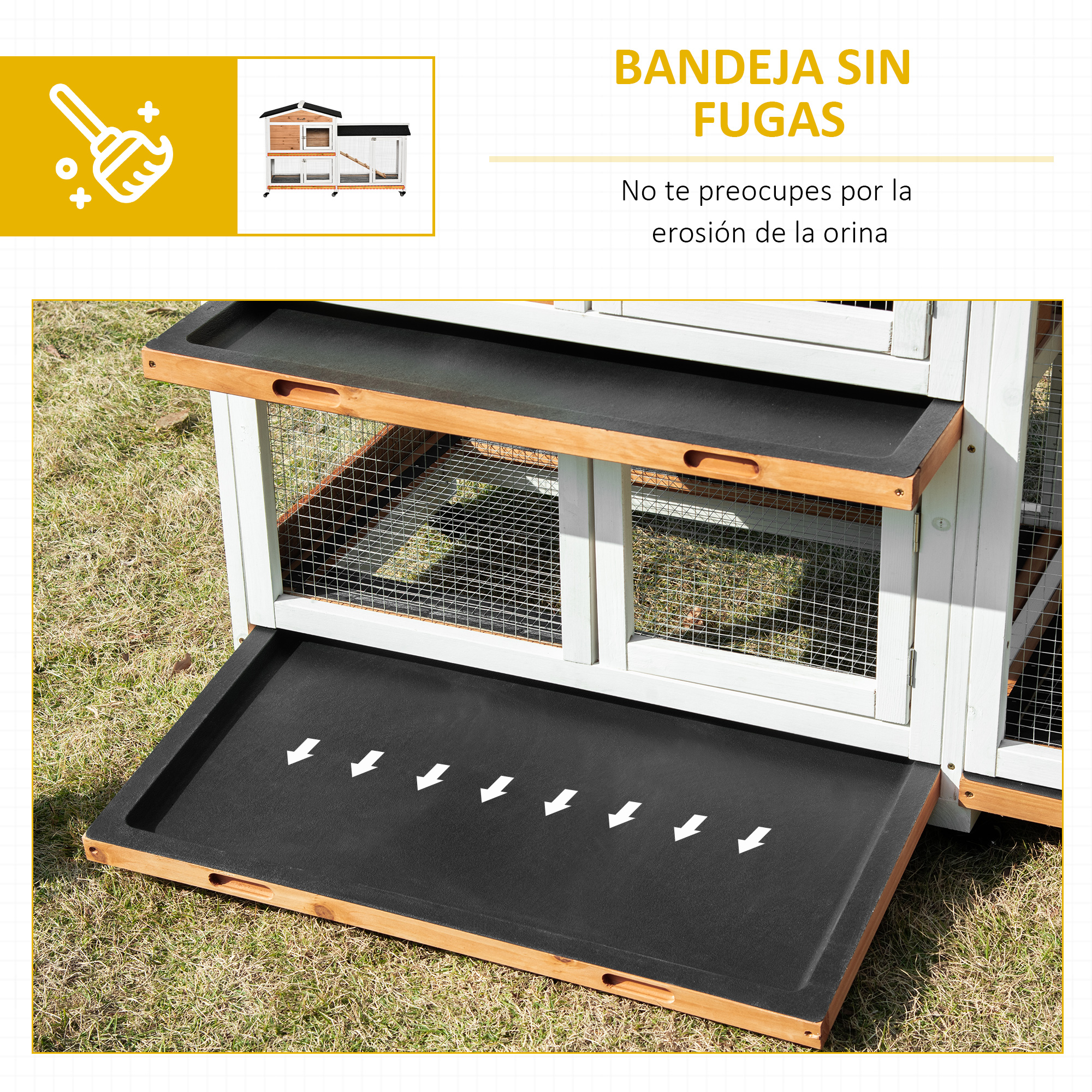 Una conejera con una bandeja negra, flechas blancas, marcos de madera y malla de alambre. El fondo es hierba.