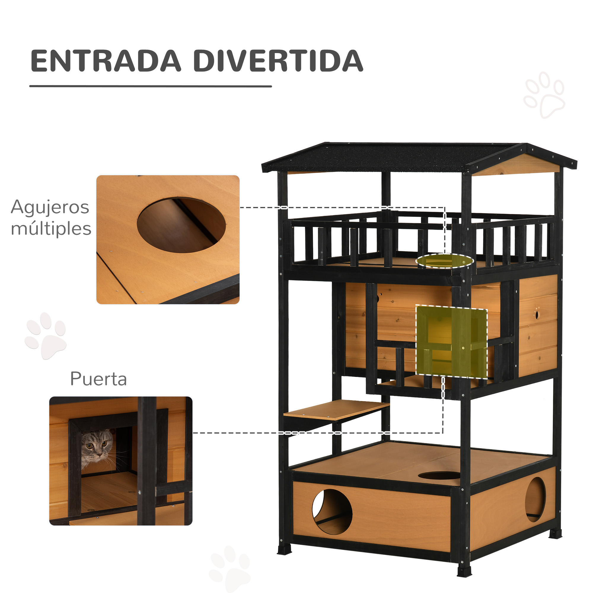 Una casa para gatos de varios niveles con marco negro y paneles de madera. Un gato es visible en la puerta. La casa para gatos tiene múltiples agujeros.