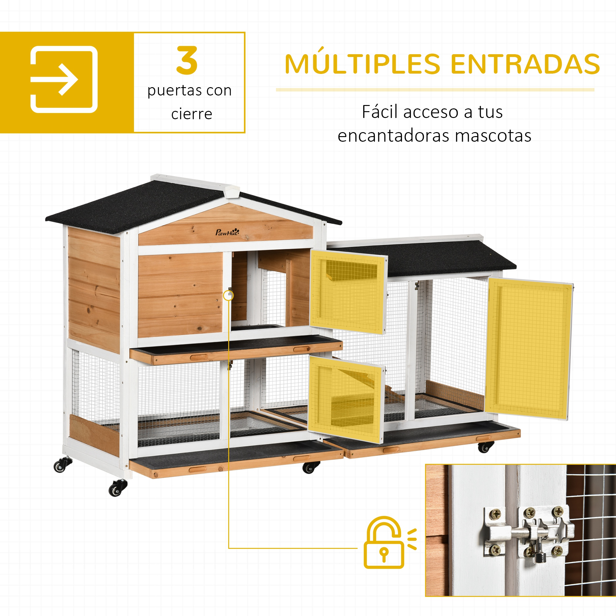 Jaula de madera para mascotas con múltiples entradas, incluyendo una parte superior similar a una casa. Puertas amarillas y cerradura.